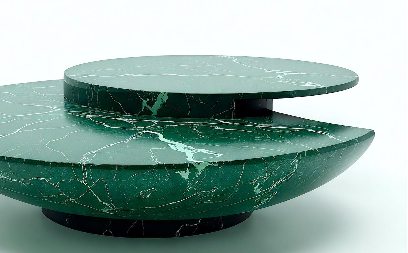 Milo - Art Deco Inspired Sculptural Round Green Marble Coffee Table by Artisanal For Sale 1