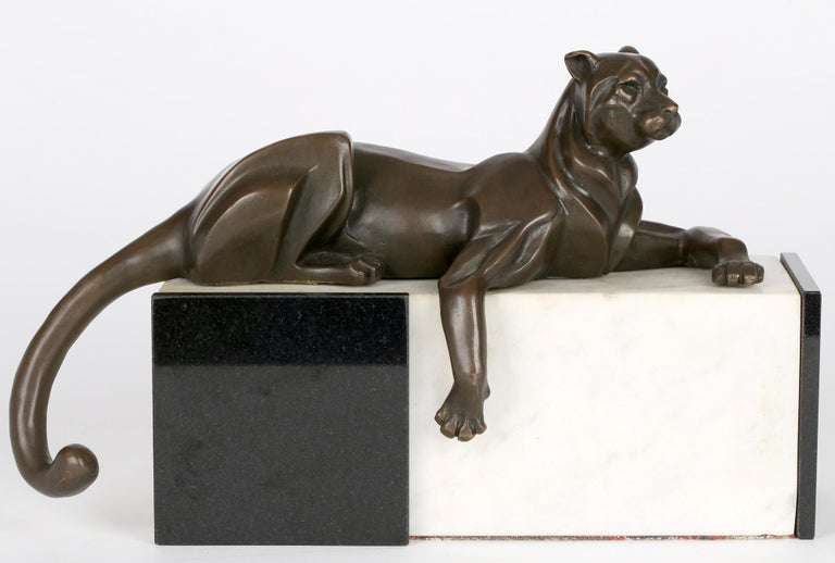 Milo Art Deco Style Bronze Resting Panther on Marble Stand Sculpture at  1stDibs