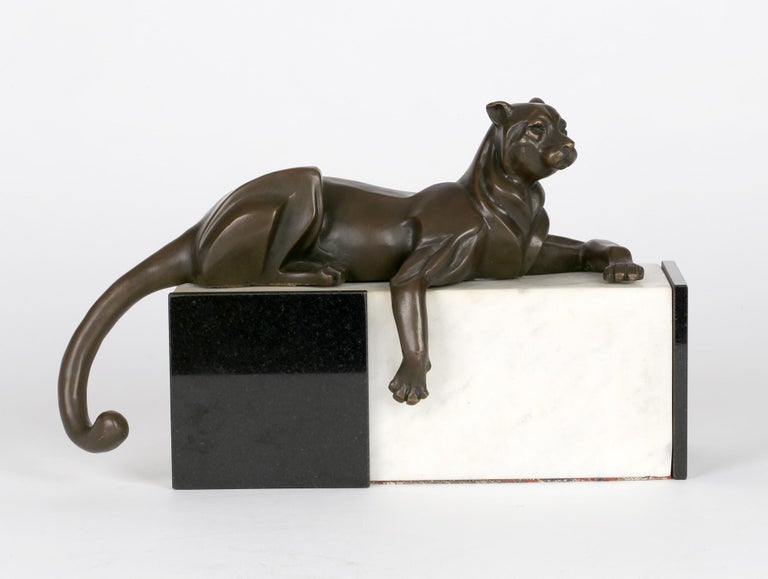 Milo Art Deco Style Bronze Resting Panther on Marble Stand Sculpture For  Sale at 1stDibs