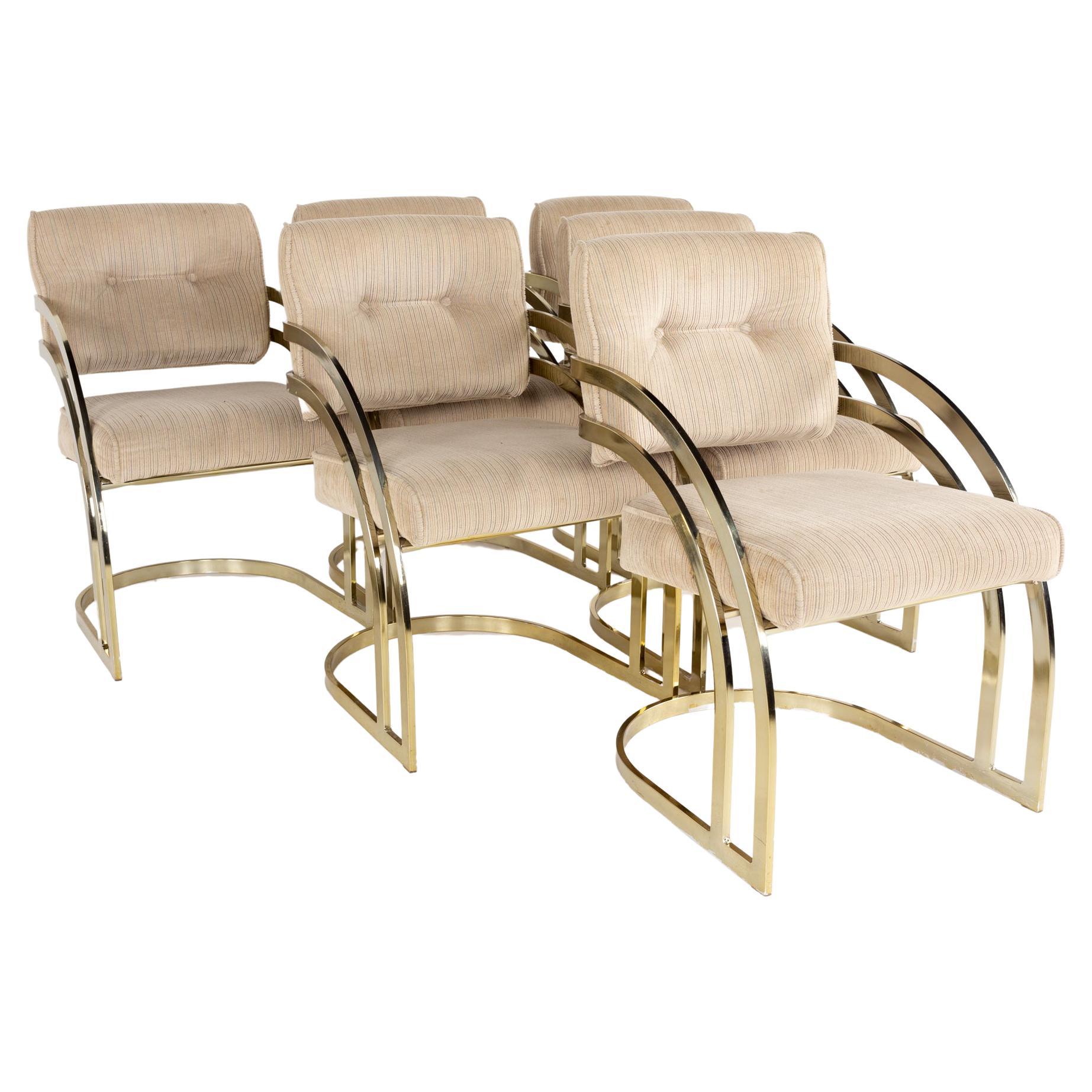 Milo Baughan Style Mid Century Brass Cantilever Dining Chairs, Set of 6