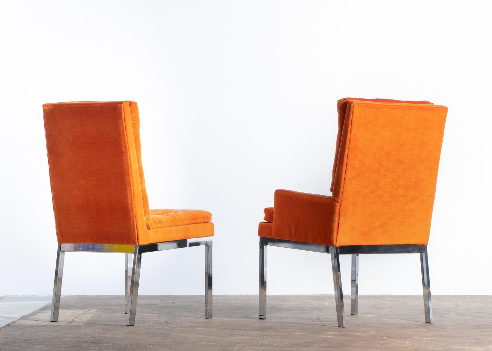A Set of 8 Orange Mid Century Milo Baughman Velvet Dining Chairs with Chrome Leg For Sale 10