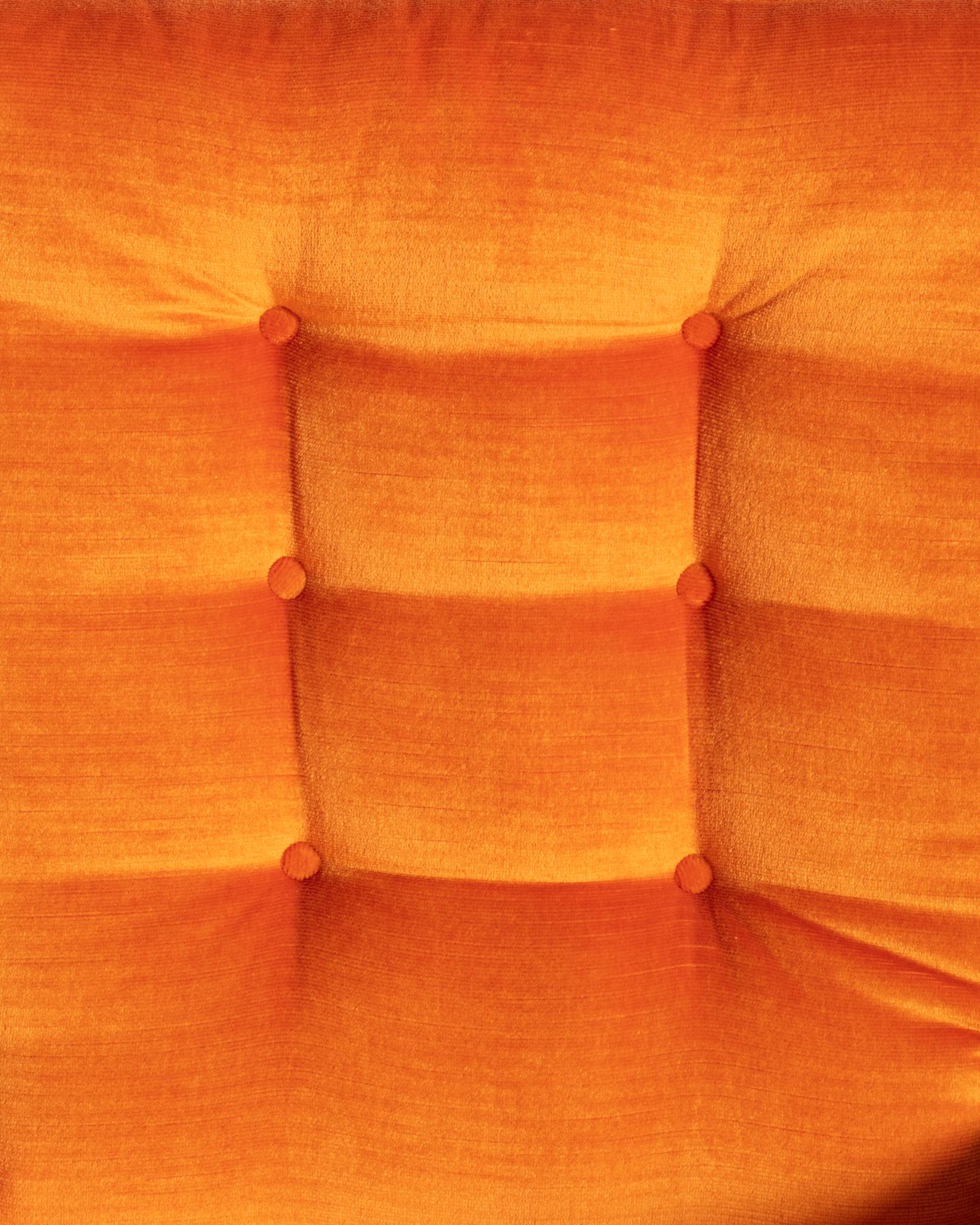 A Set of 8 Orange Mid Century Milo Baughman Velvet Dining Chairs with Chrome Leg For Sale 11