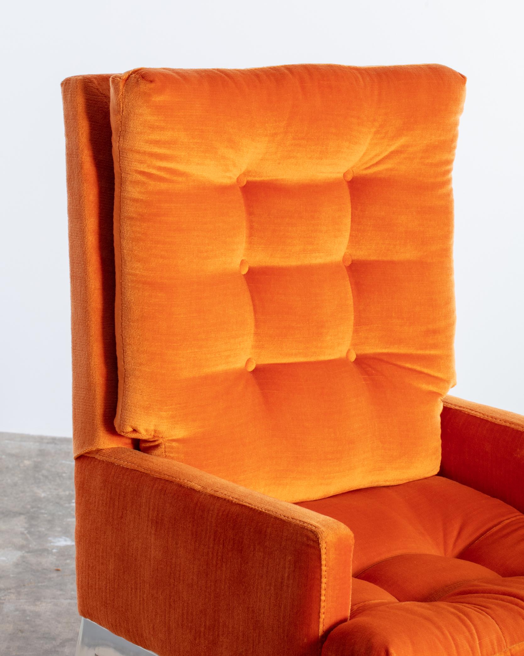 A Set of 8 Orange Mid Century Milo Baughman Velvet Dining Chairs with Chrome Leg For Sale 13