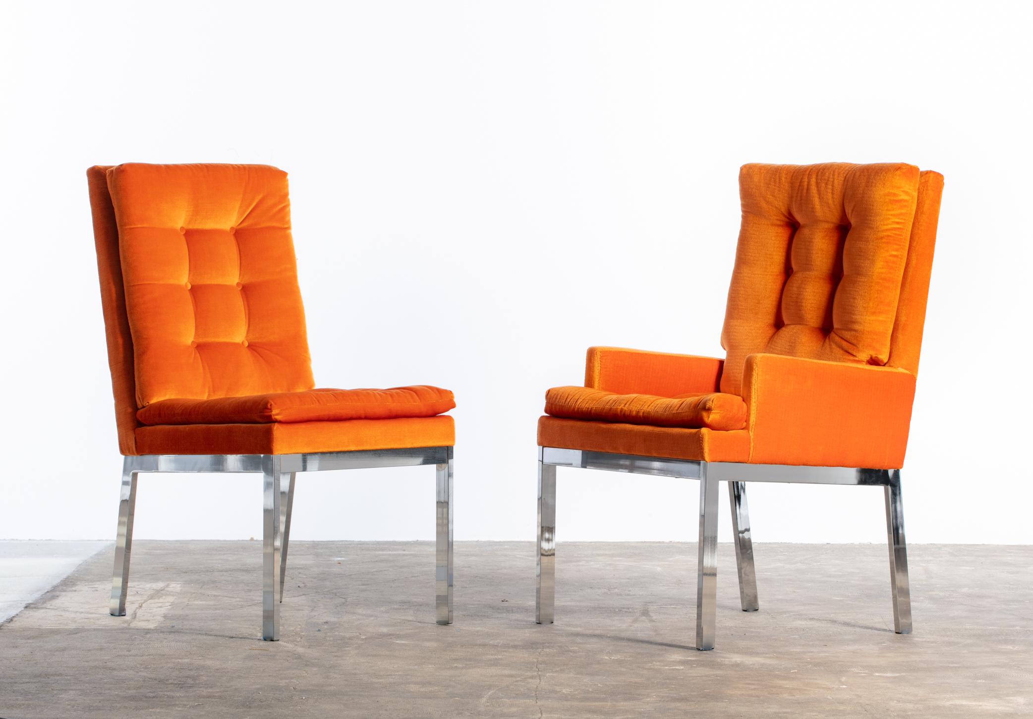A Set of 8 Orange Mid Century Milo Baughman Velvet Dining Chairs with Chrome Leg For Sale 15