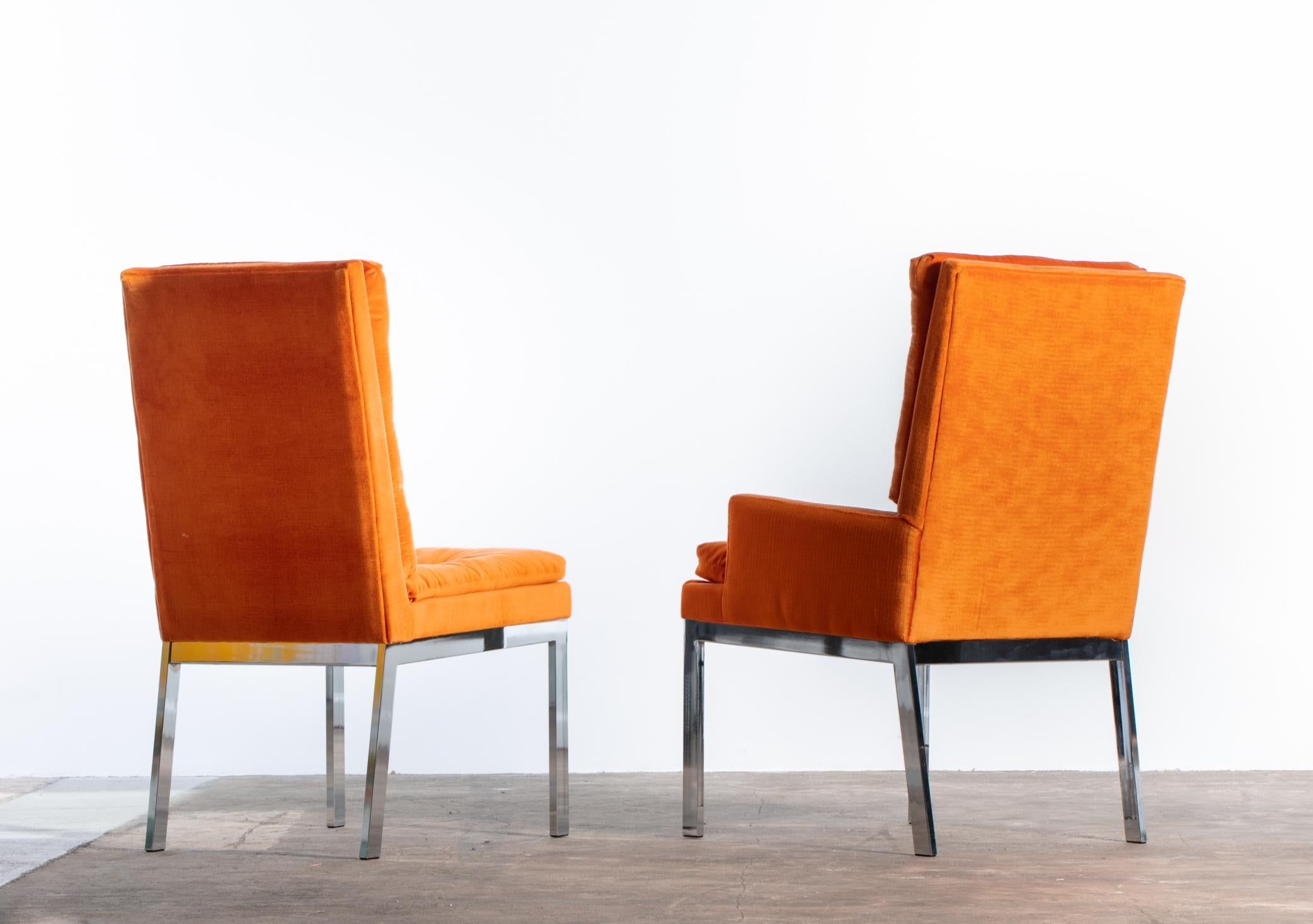A Set of 8 Orange Mid Century Milo Baughman Velvet Dining Chairs with Chrome Leg For Sale 16