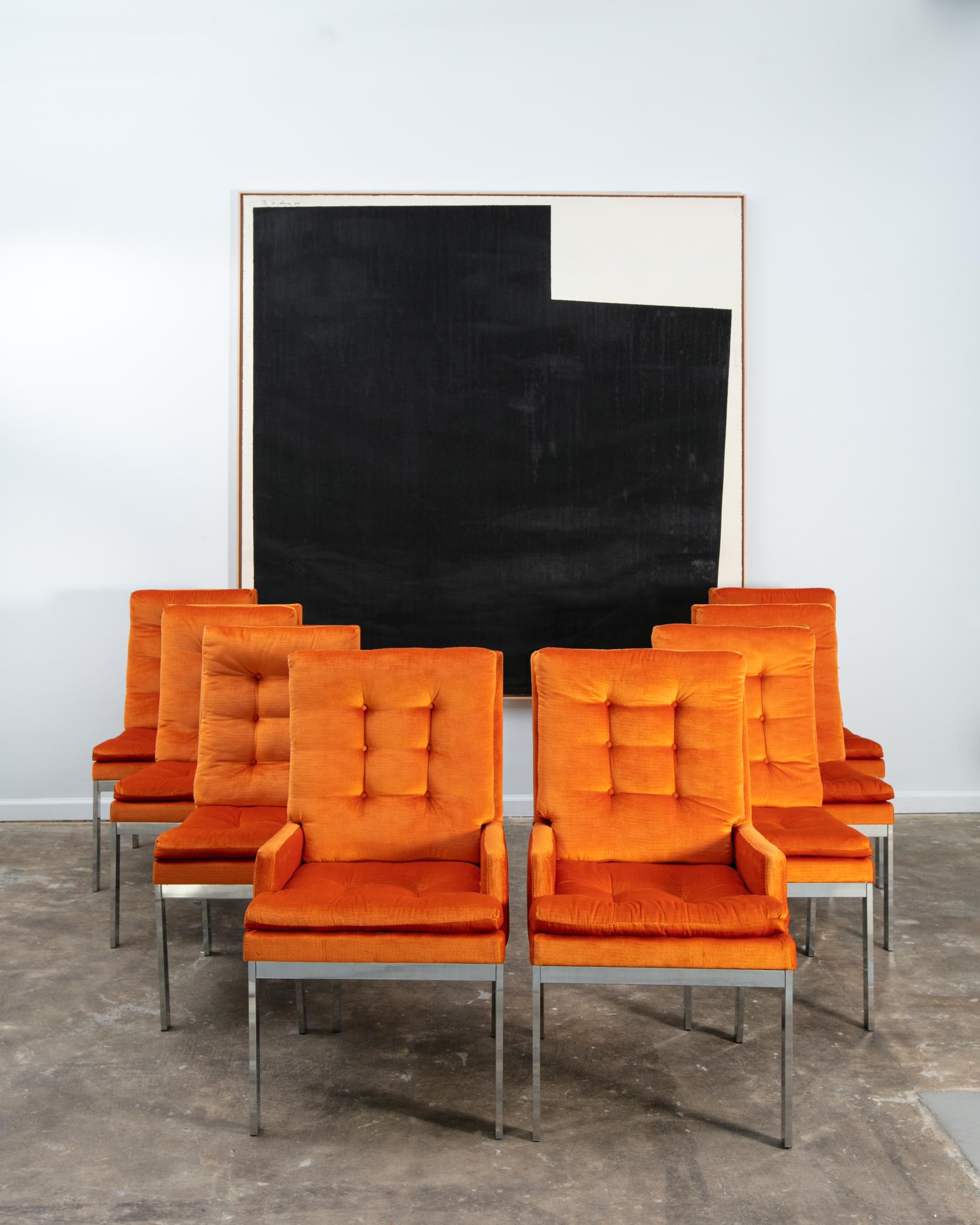A Set of 8 Orange Mid Century Milo Baughman Velvet Dining Chairs with Chrome Leg For Sale 2