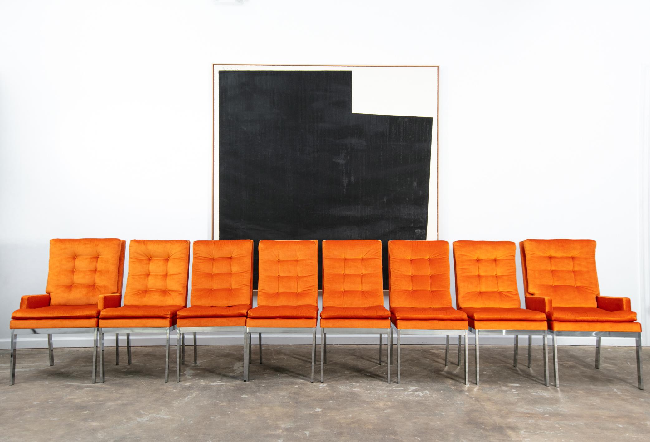 A Set of 8 Orange Mid Century Milo Baughman Velvet Dining Chairs with Chrome Leg For Sale 3