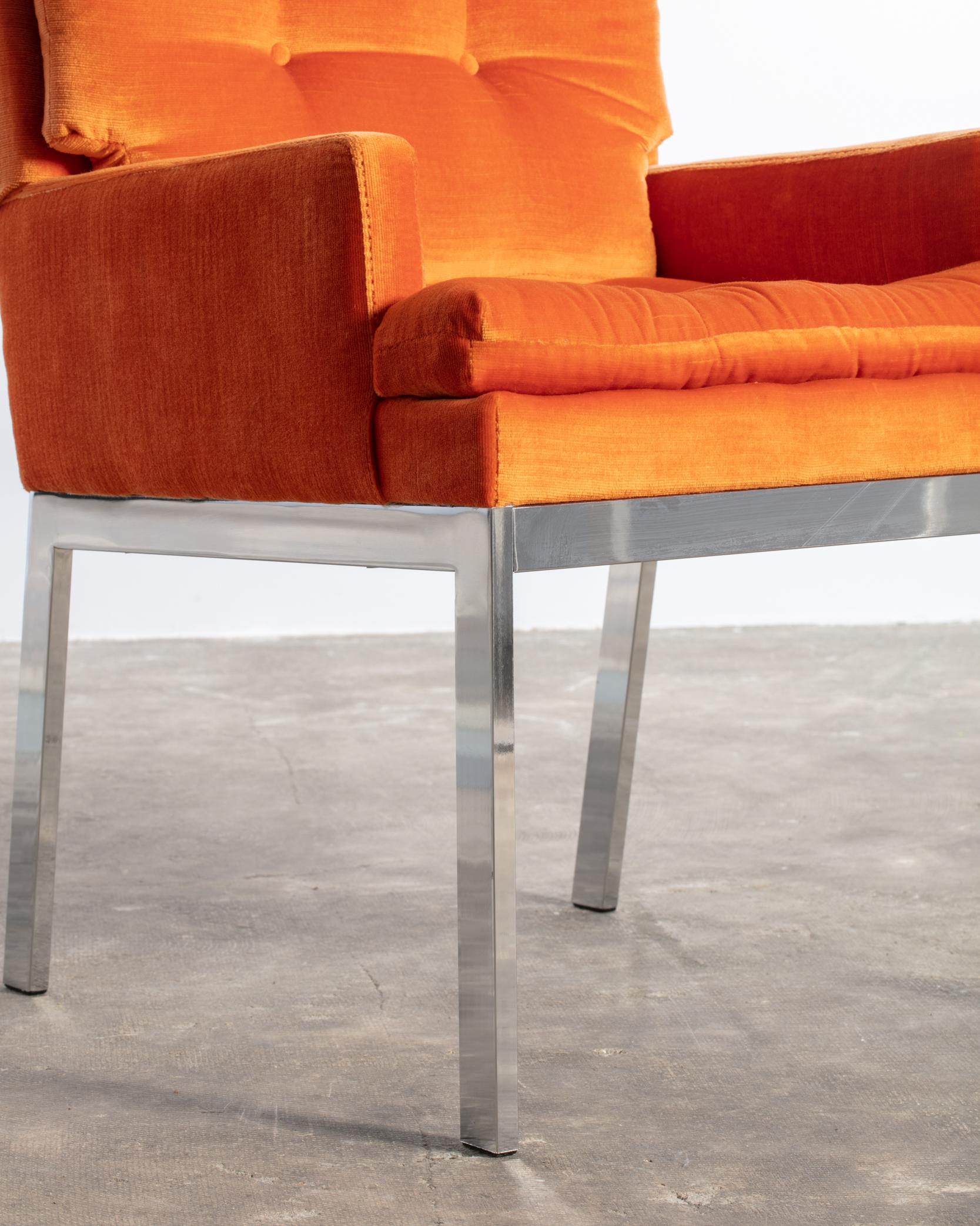 A Set of 8 Orange Mid Century Milo Baughman Velvet Dining Chairs with Chrome Leg For Sale 6