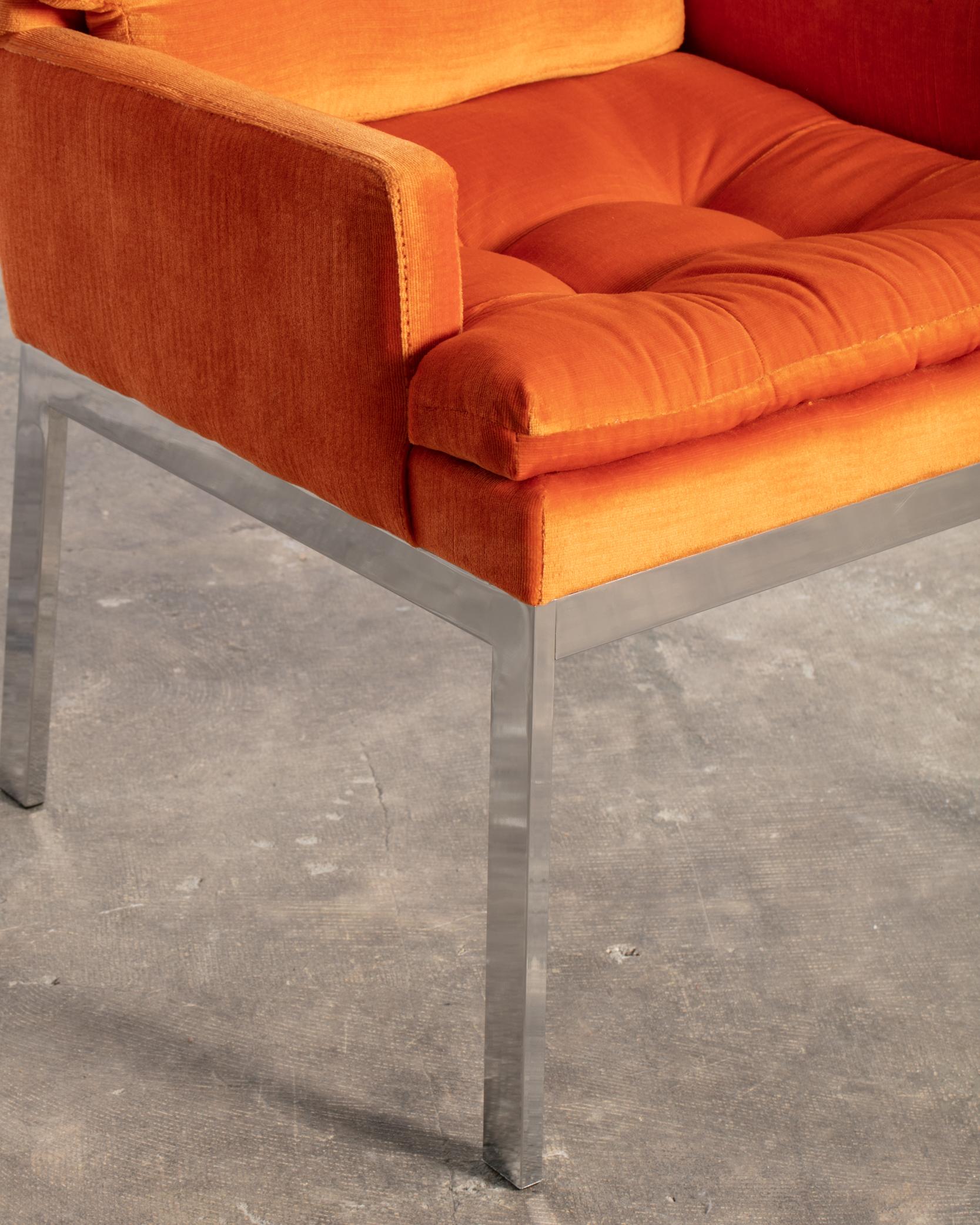 A Set of 8 Orange Mid Century Milo Baughman Velvet Dining Chairs with Chrome Leg For Sale 7