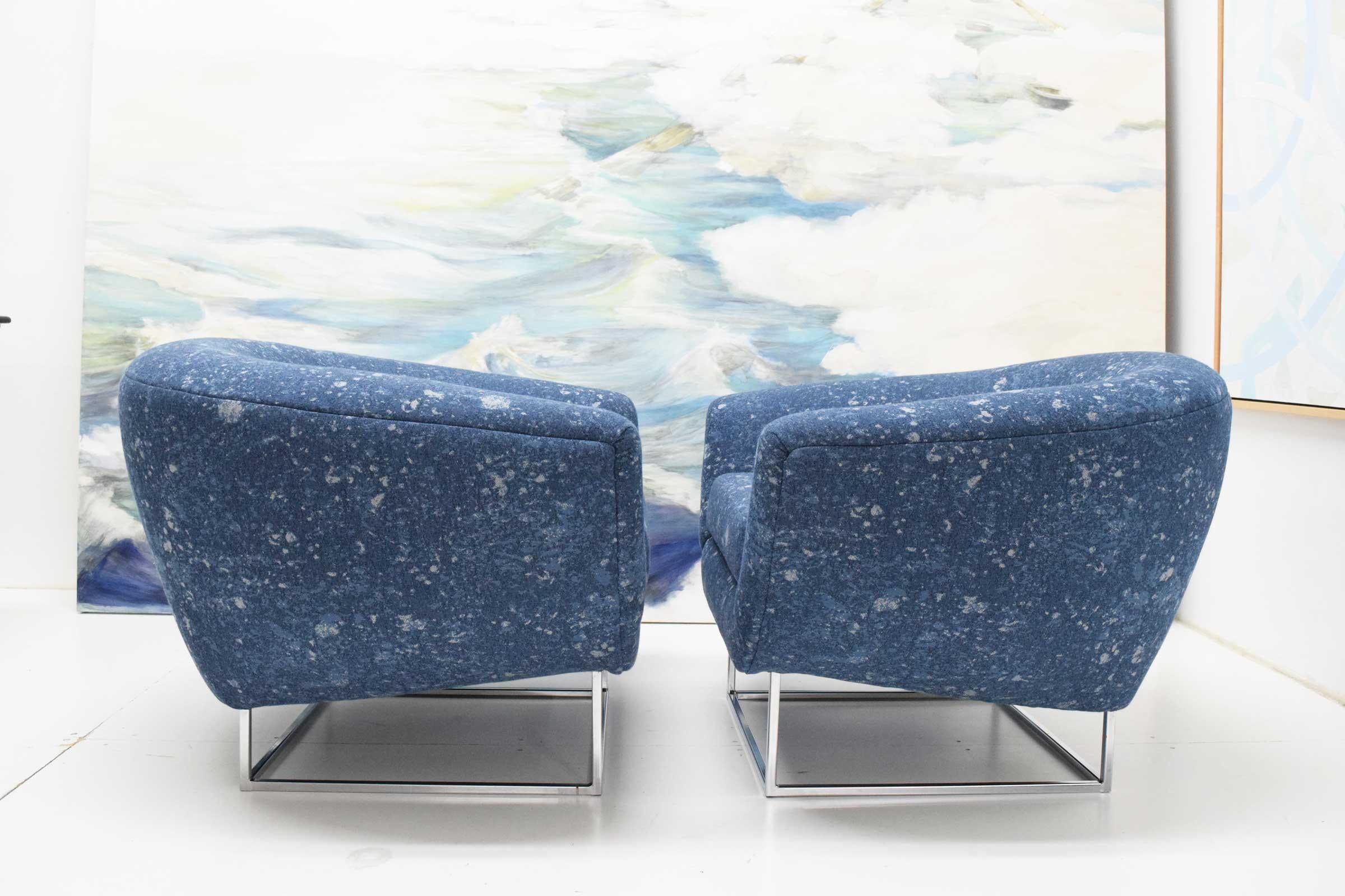 Milo Baughman 1970s Lounge Chairs in Blue Upholstery by Donghia For Sale 3