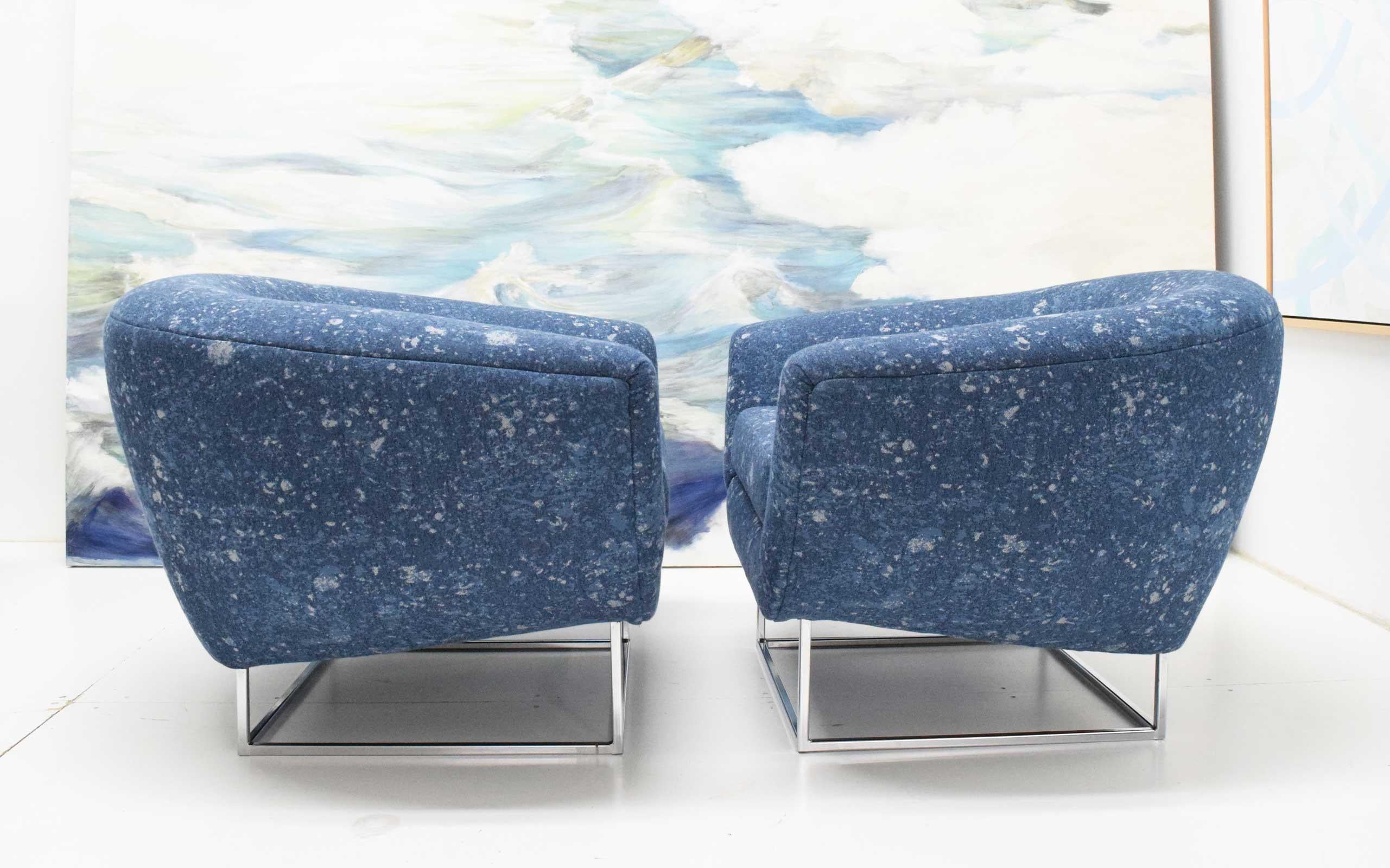 Milo Baughman 1970s Lounge Chairs in Blue Upholstery by Donghia For Sale 4