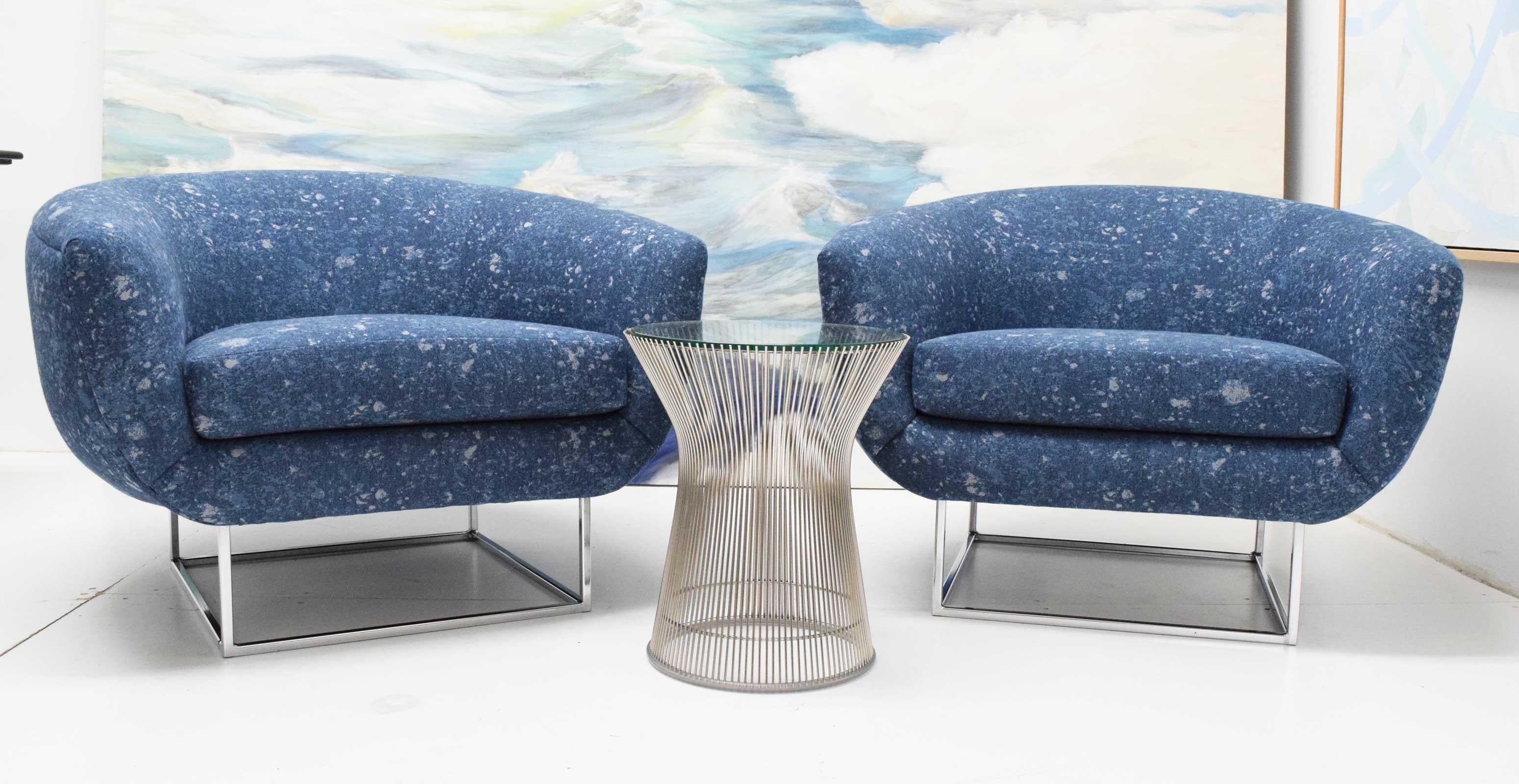 Milo Baughman 1970s Lounge Chairs in Blue Upholstery by Donghia For Sale 1