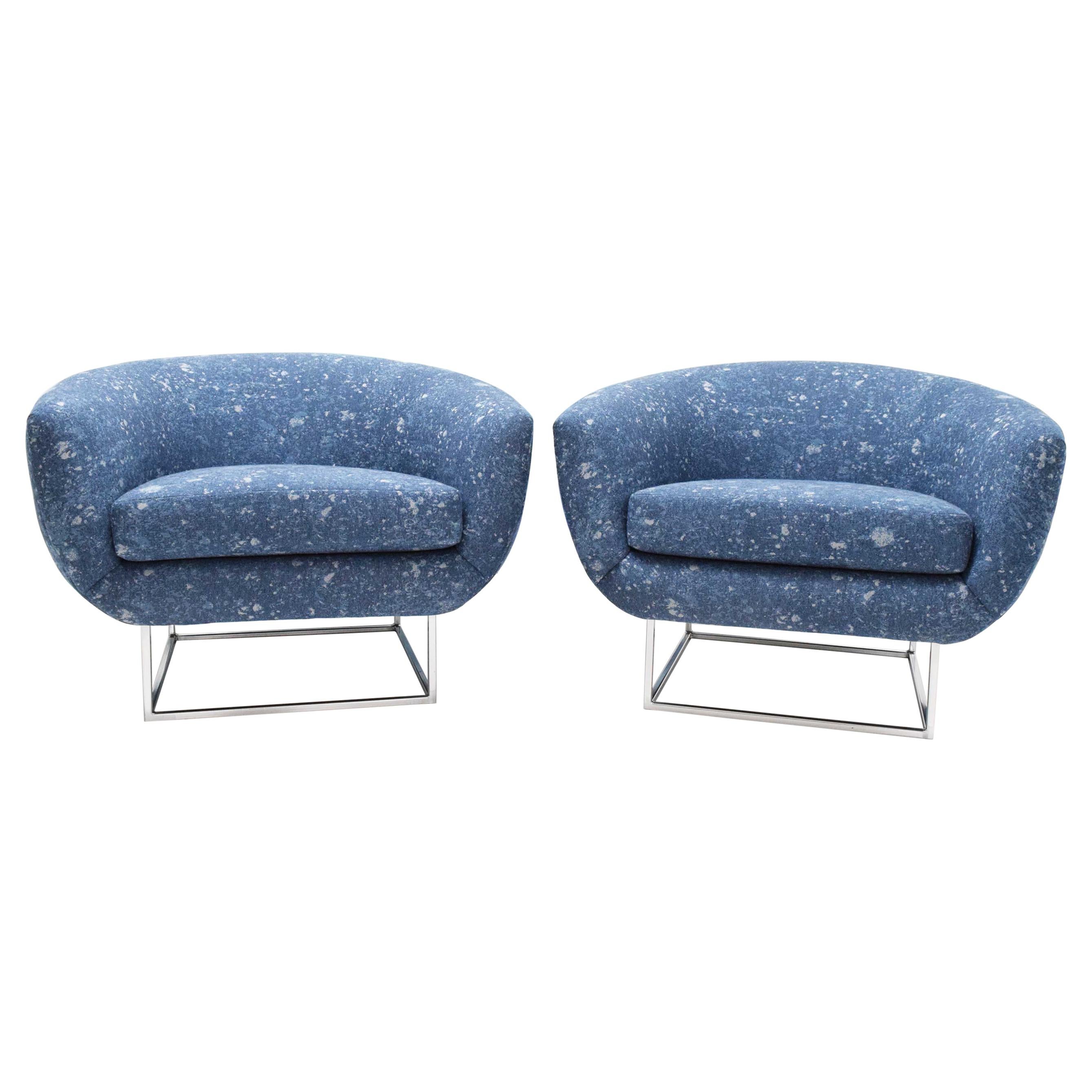 Milo Baughman 1970s Lounge Chairs in Blue Upholstery by Donghia