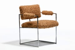 Milo Baughman 1970s Set of 8 Chrome Dining Arm Chairs in New Camel Teddy Fabric