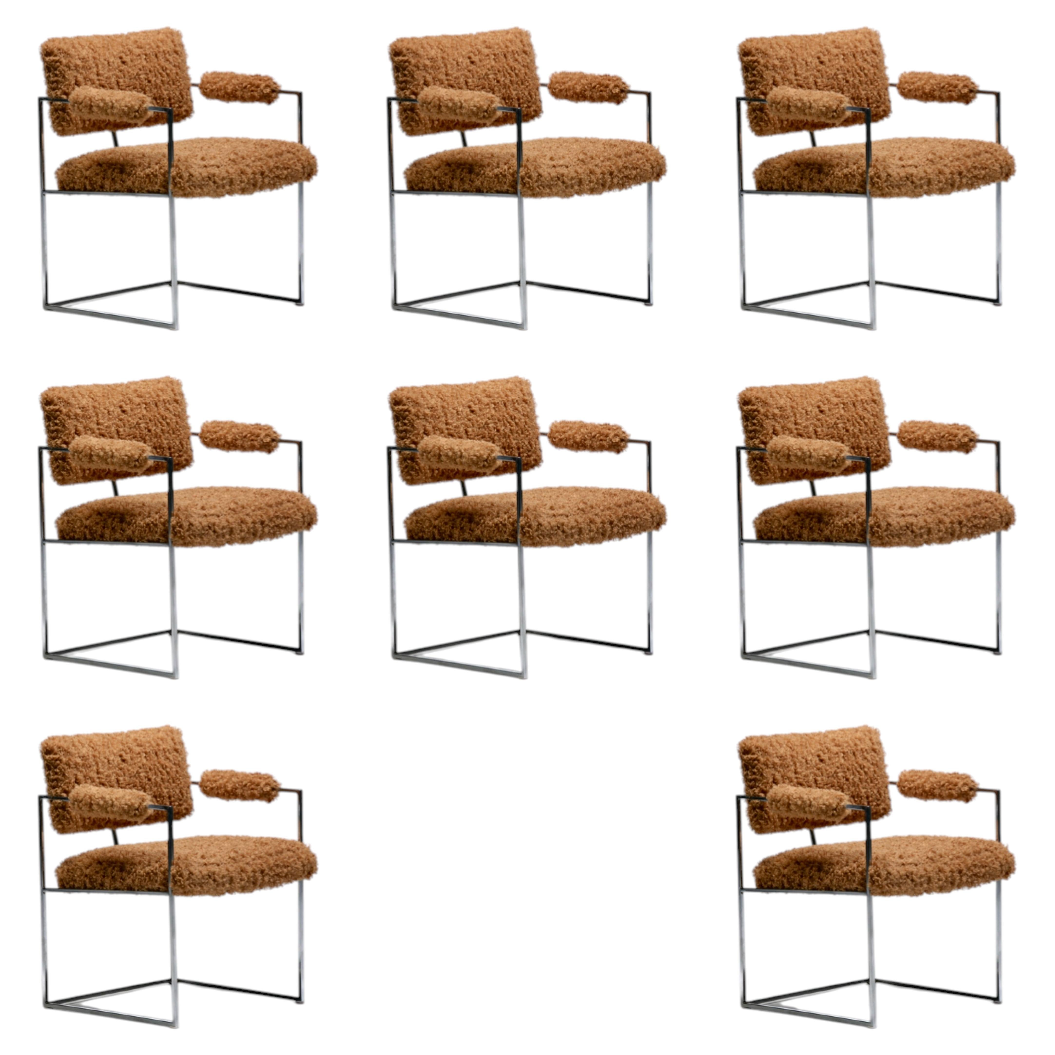Milo Baughman 1970s Set of 8 Chrome Dining Arm Chairs in New Camel Teddy Fabric