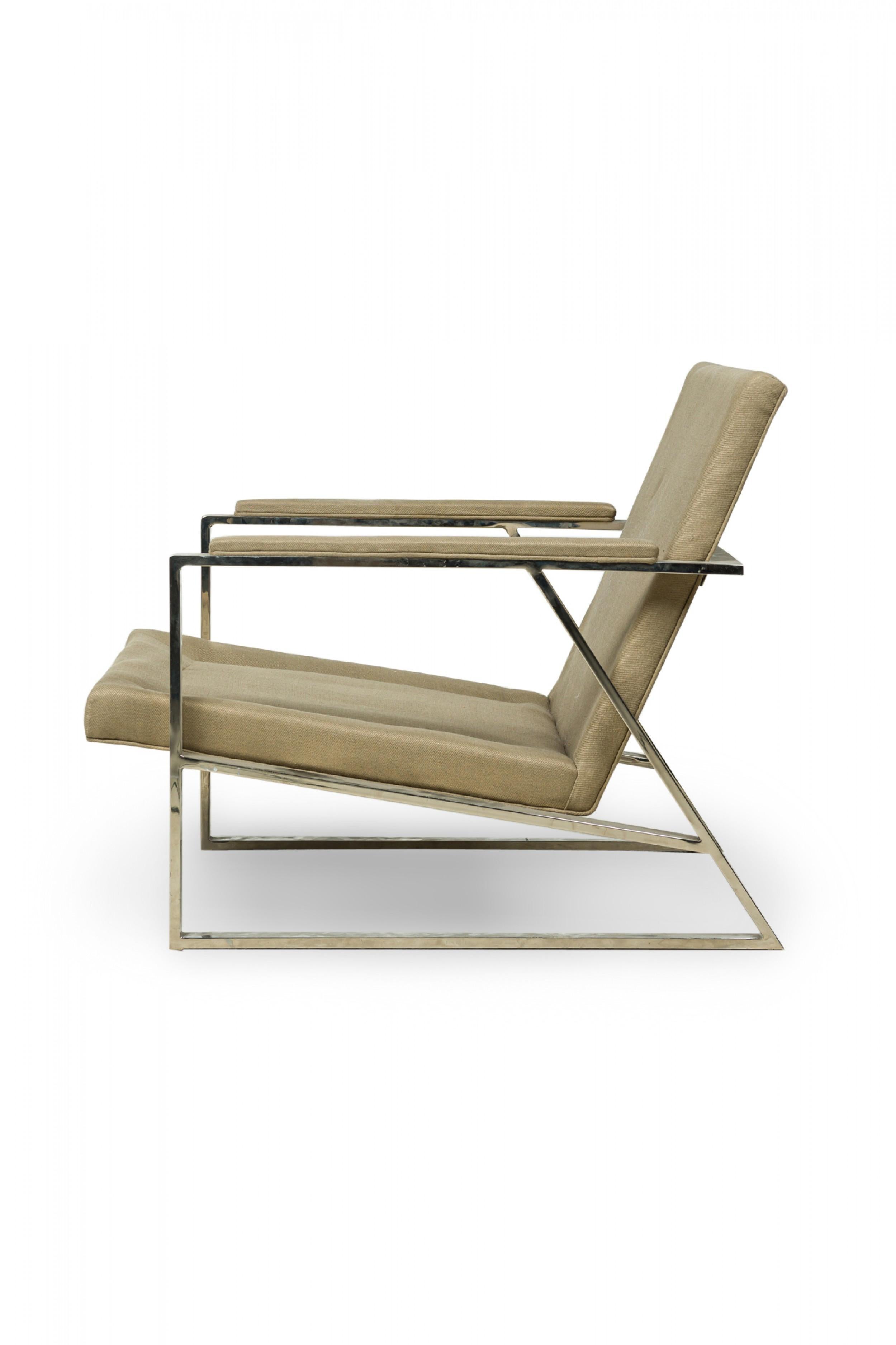 20th Century Milo Baughman American Beige Upholstered Flat Chrome Bar Lounge Armchair For Sale