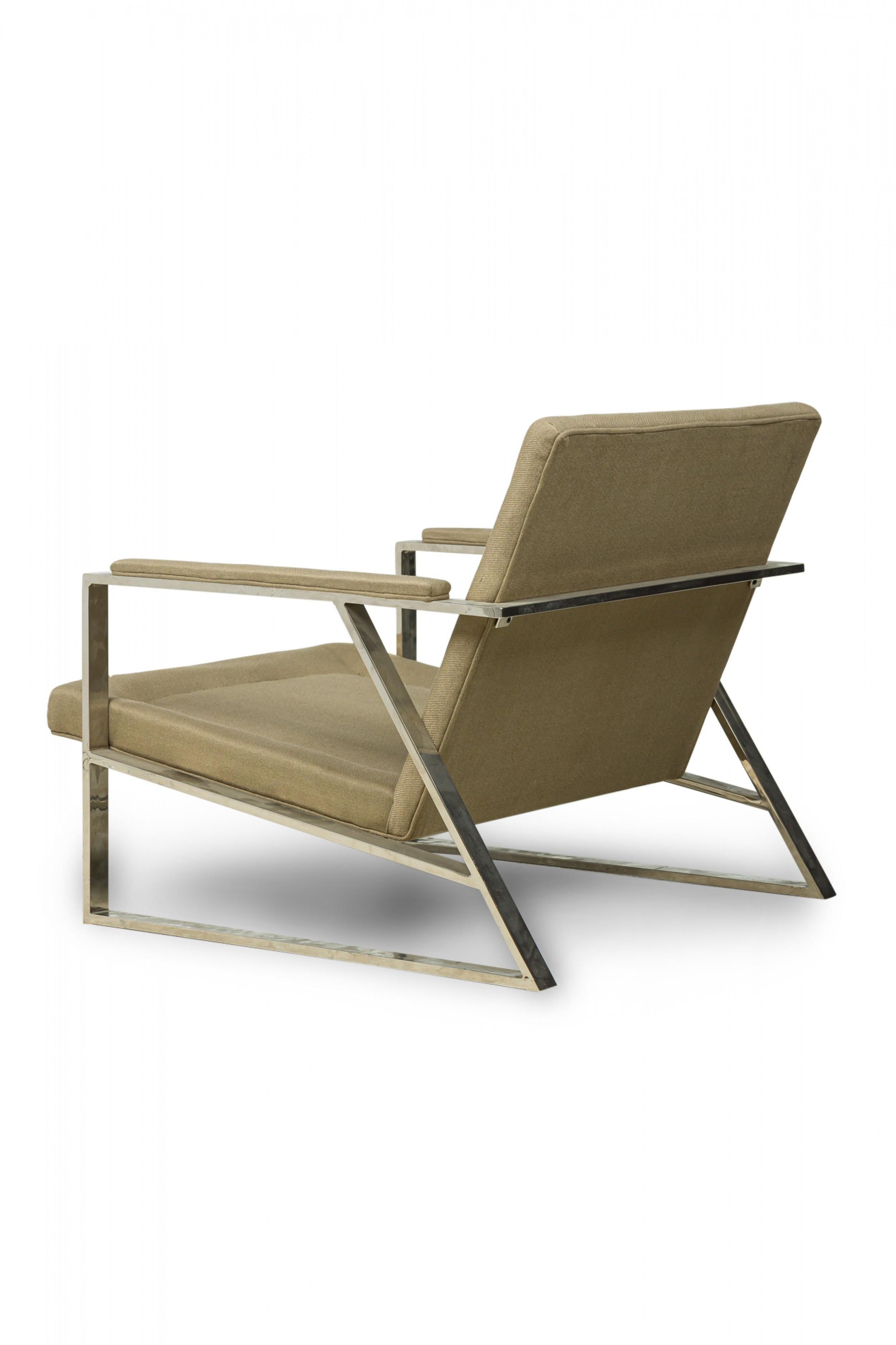 Metal Milo Baughman American Beige Upholstered Flat Chrome Bar Lounge Armchair For Sale