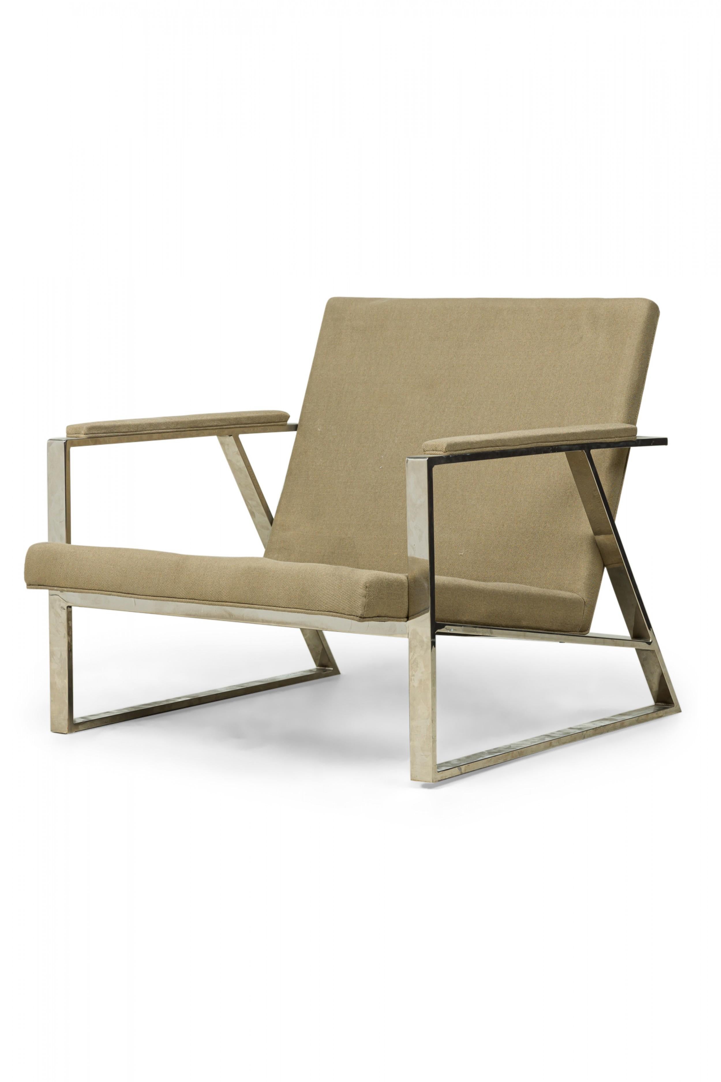 Milo Baughman American Beige Upholstered Flat Chrome Bar Lounge Armchair For Sale 3