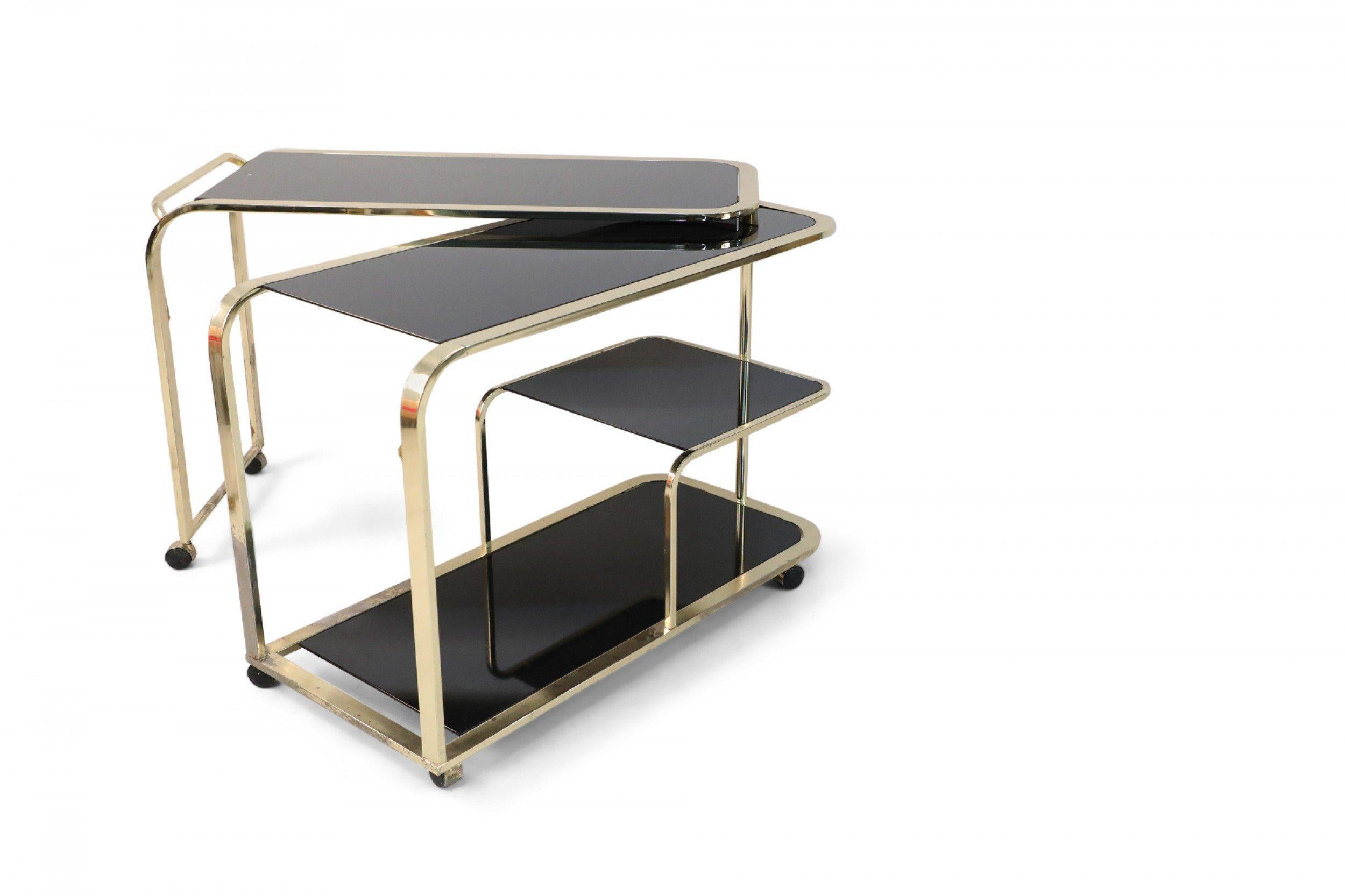 20th Century Design Institute of America Mid-Century Gilt Metal and Black Glass Bar Cart For Sale