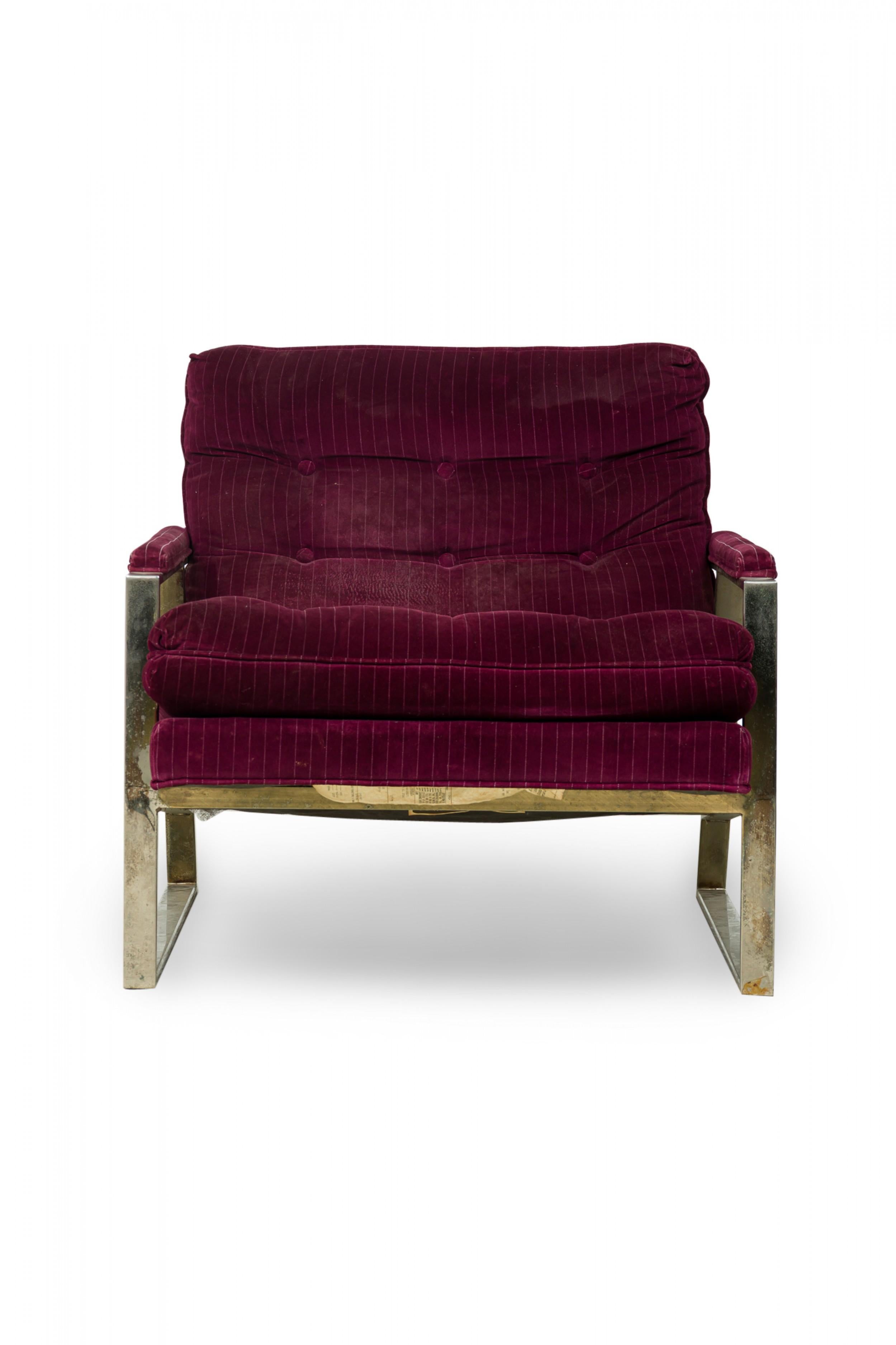 Milo Baughman American Purple Velour Upholstered Flat Chrome Bar Lounge Armchair For Sale 5