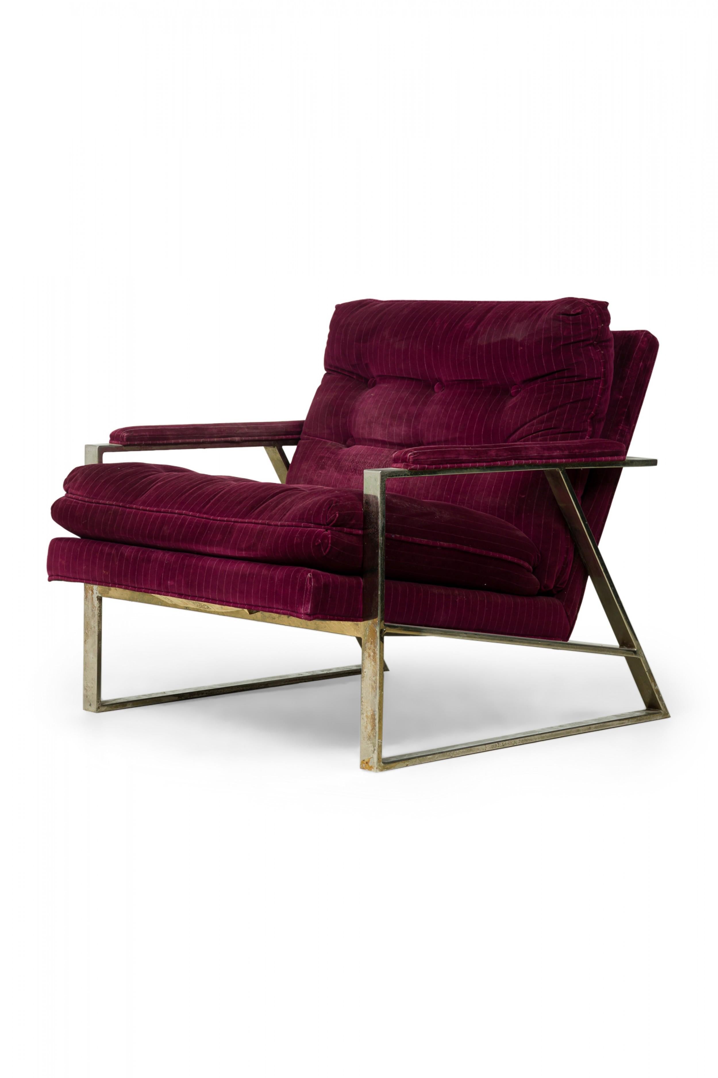 Milo Baughman American Purple Velour Upholstered Flat Chrome Bar Lounge Armchair For Sale 6