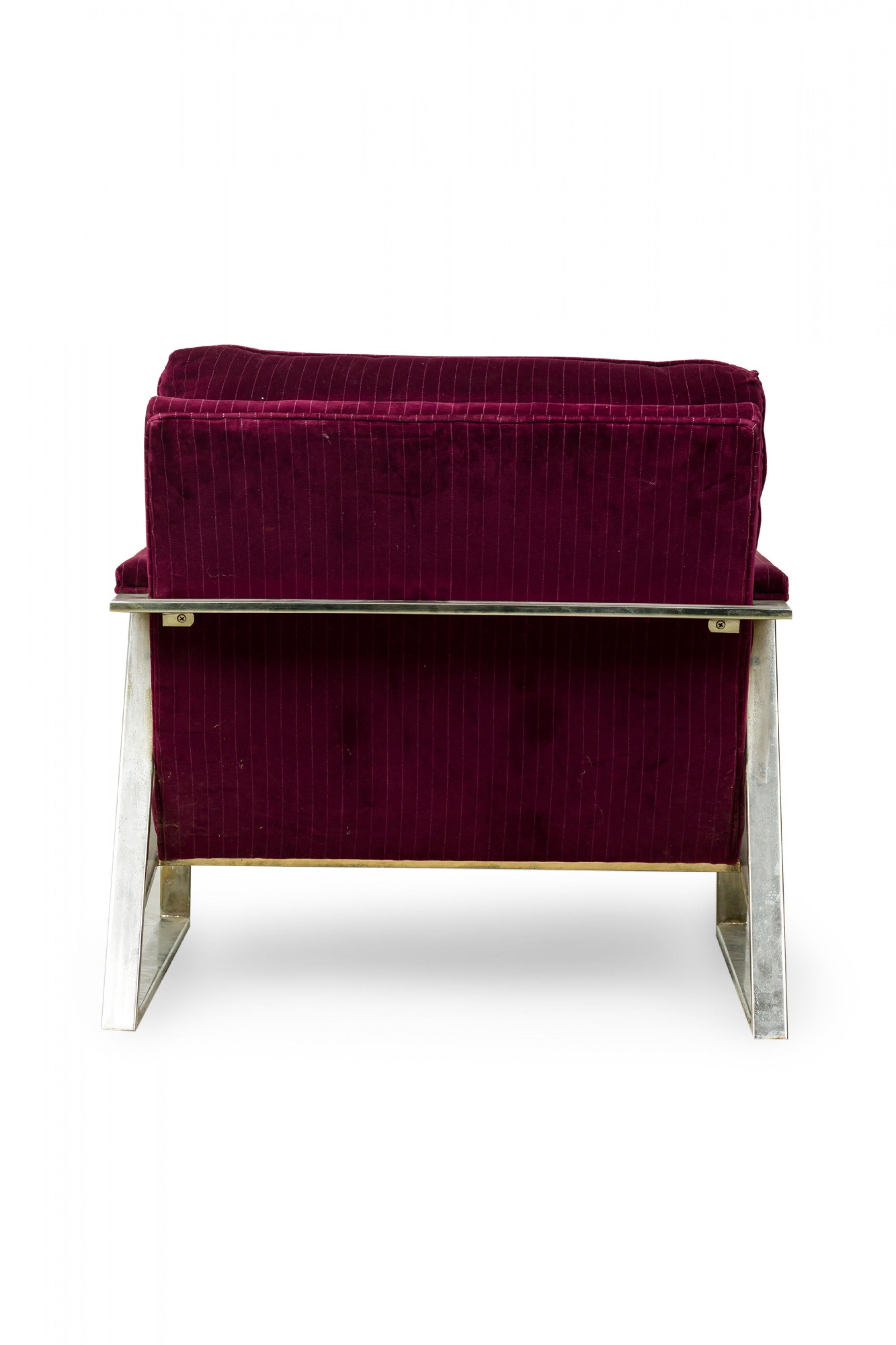 20th Century Milo Baughman American Purple Velour Upholstered Flat Chrome Bar Lounge Armchair For Sale