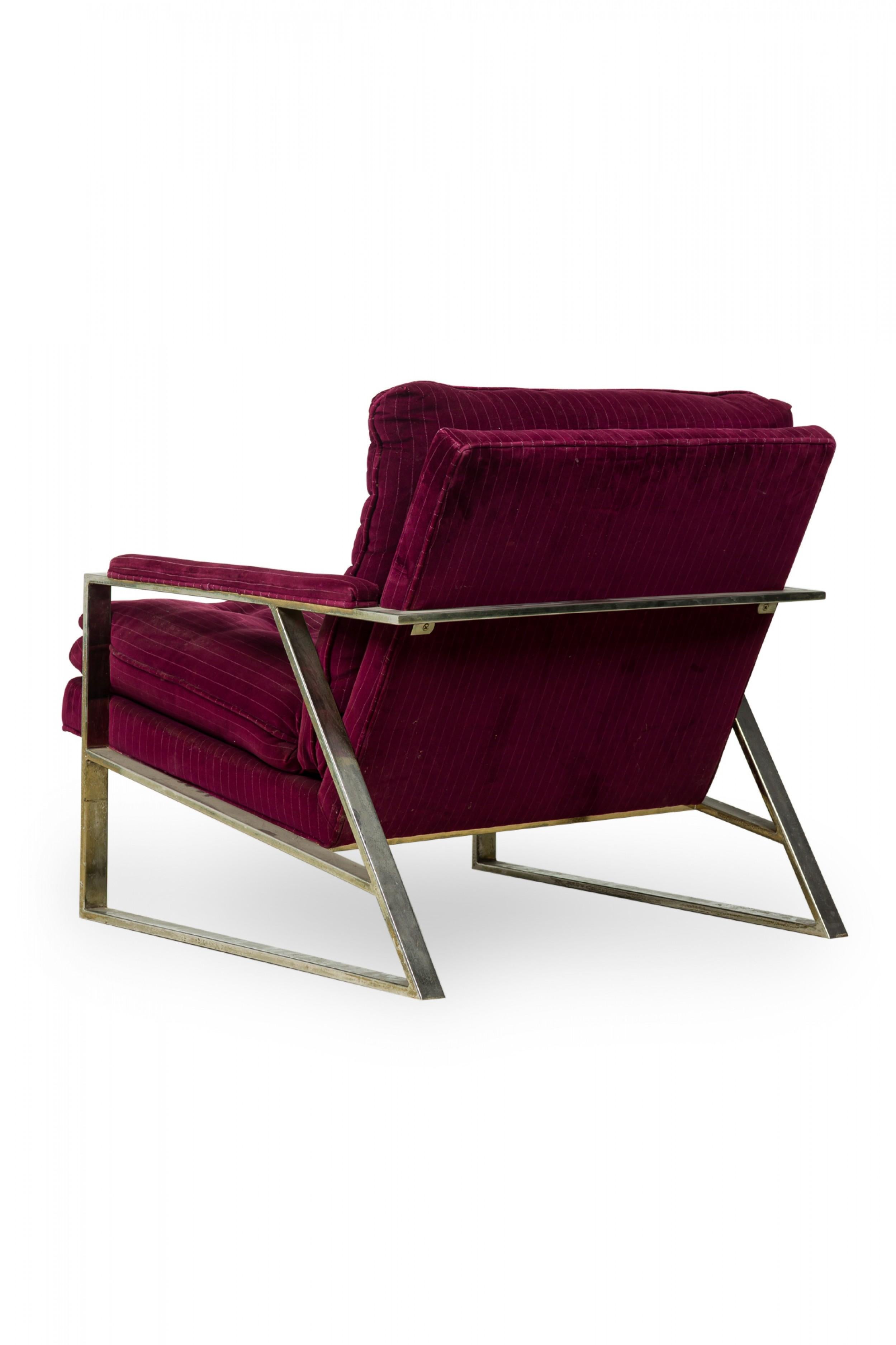 Milo Baughman American Purple Velour Upholstered Flat Chrome Bar Lounge Armchair For Sale 1
