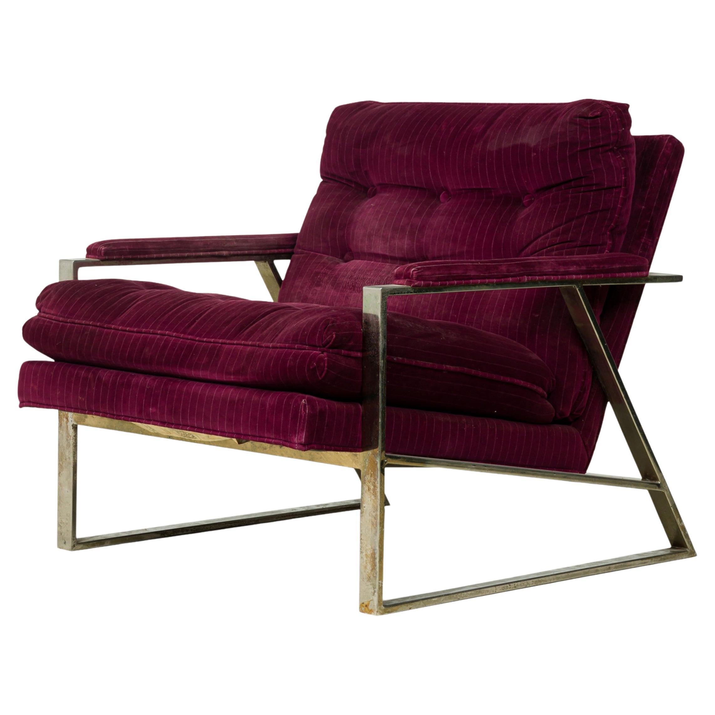 Milo Baughman Amerikanischer lila Velour gepolsterter flacher Chrom-Bar-Loungesessel