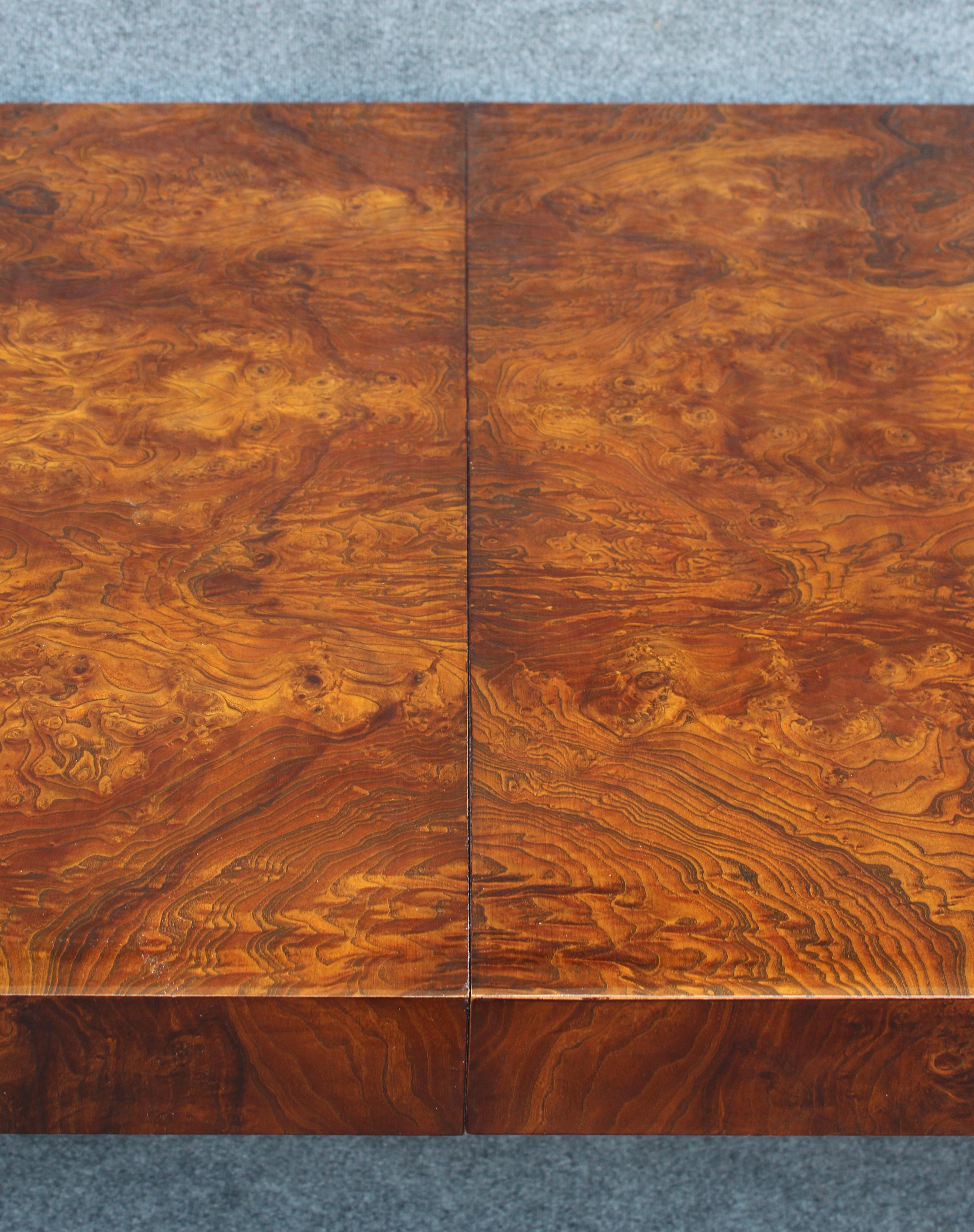 Milo Baughman Attr. Walnut Burl Large Dining Table with Extension Leaf For Sale 4