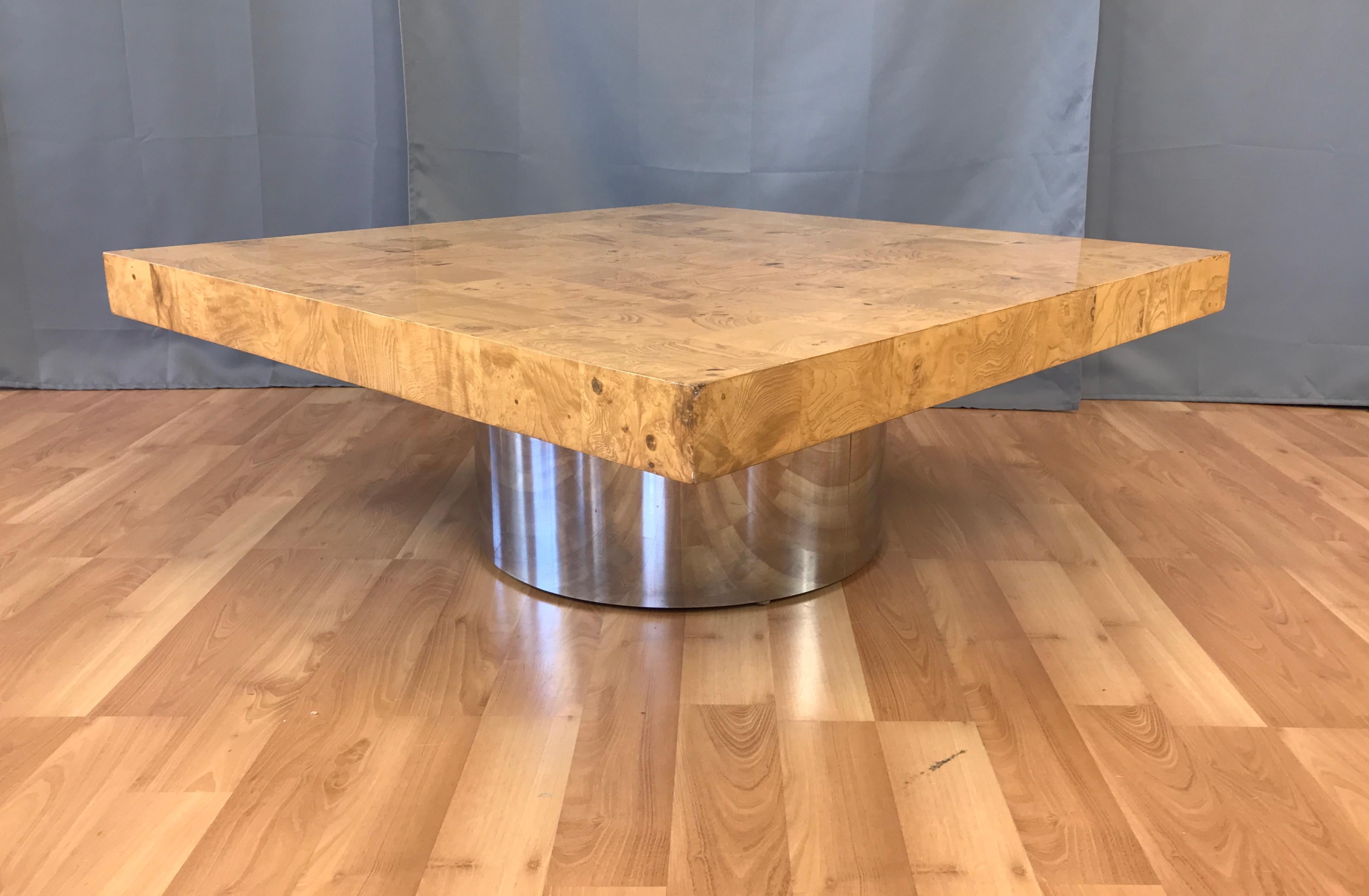 American Milo Baughman Attributed Burl Wood Square Coffee Table with Round Metal Base