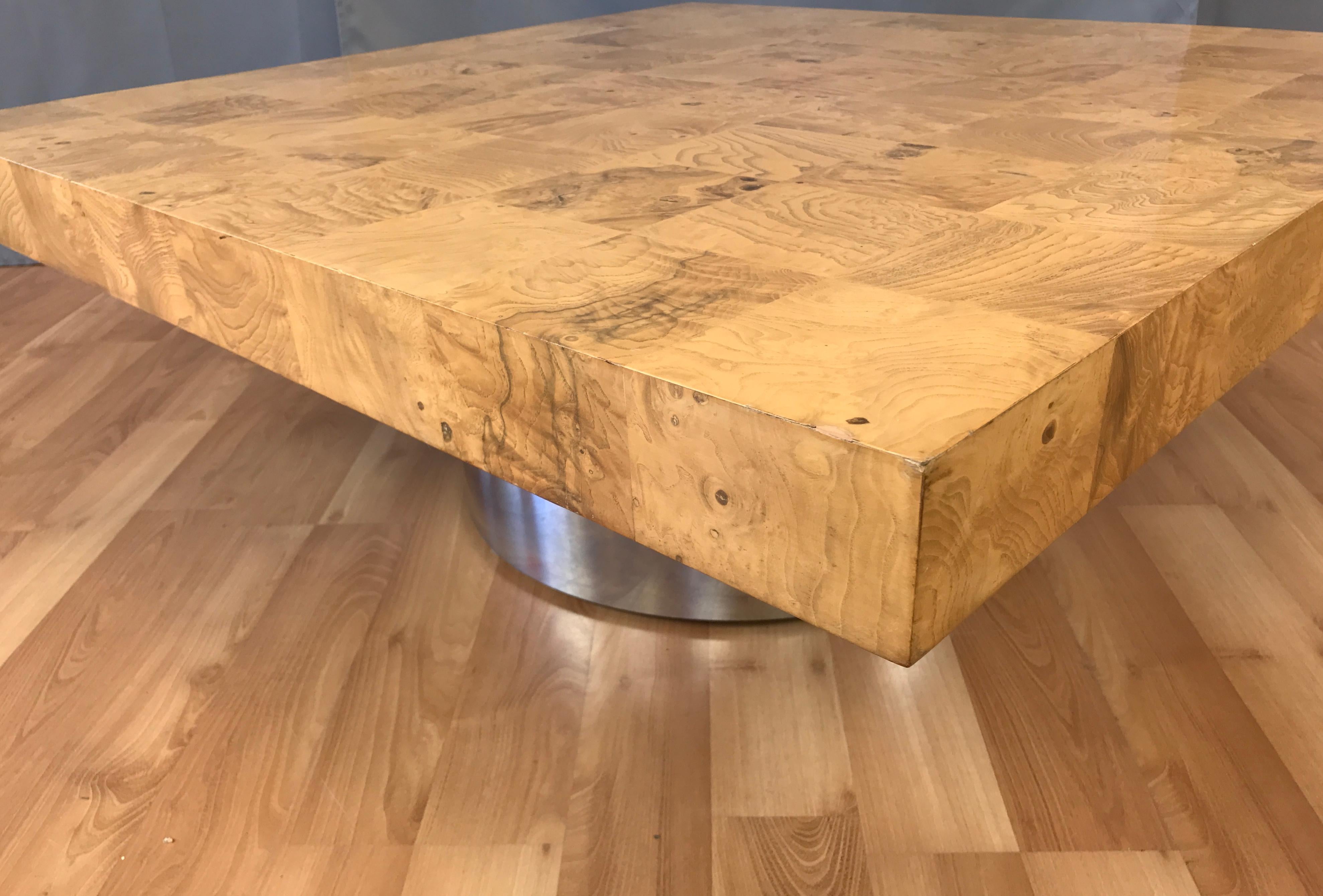 Milo Baughman Attributed Burl Wood Square Coffee Table with Round Metal Base In Good Condition In San Francisco, CA