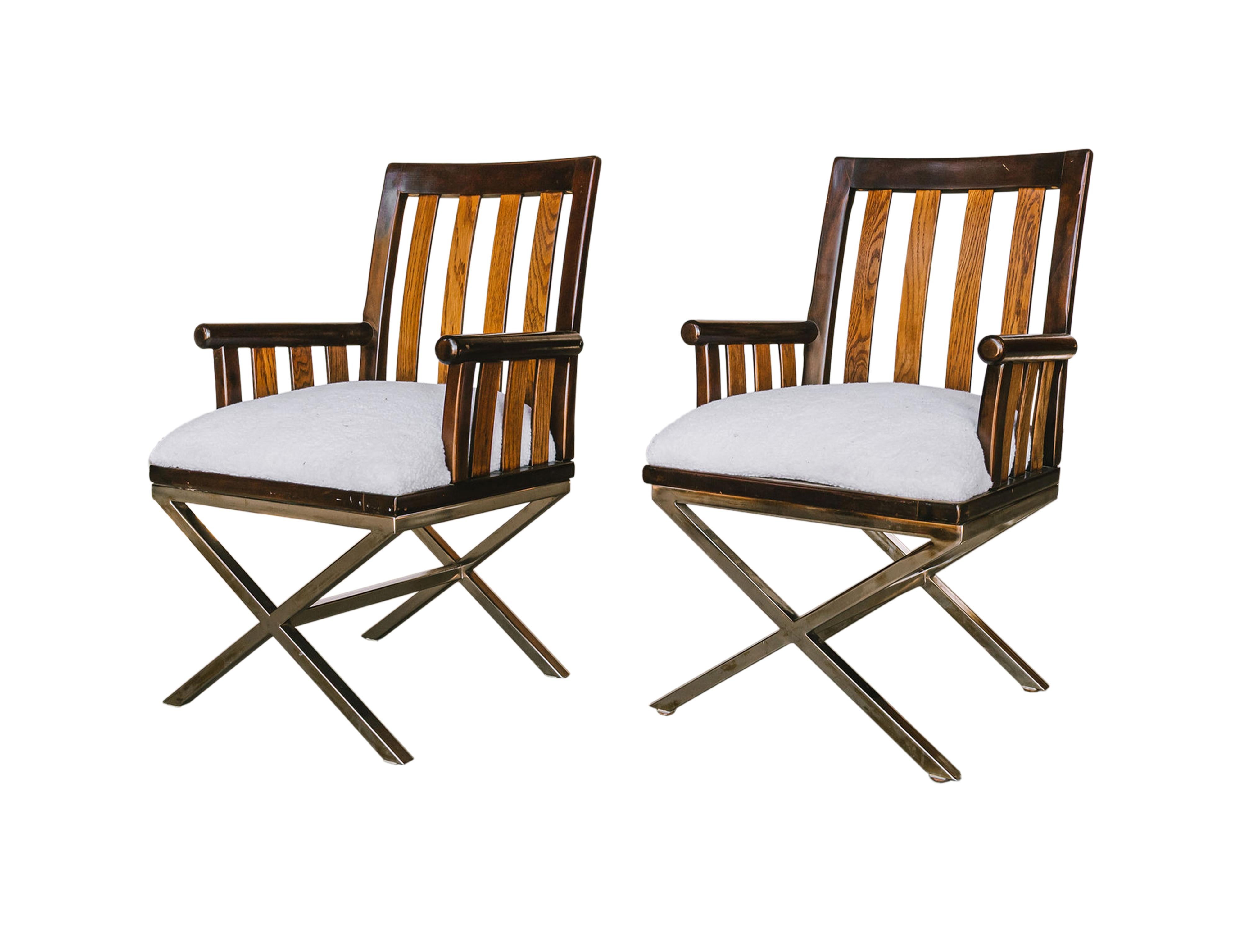 Set of 6 Milo Baughman attributed Director chair dining chairs with newer sherpa style upholstery.  The frame is solid rosewood with teak slats, and the chairs sit on a chrome x base.  These chairs are so comfortable for a dining table.

measures: