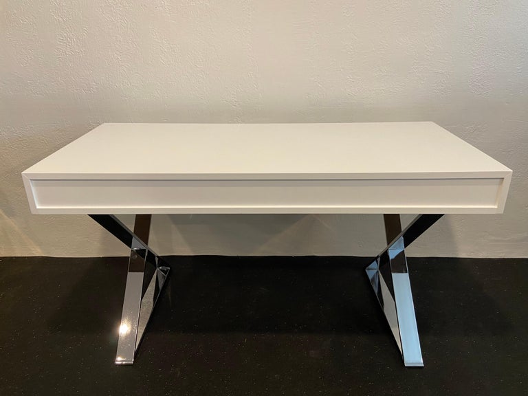 Chrome Milo Baughman Attributed Lacquered Desk For Sale