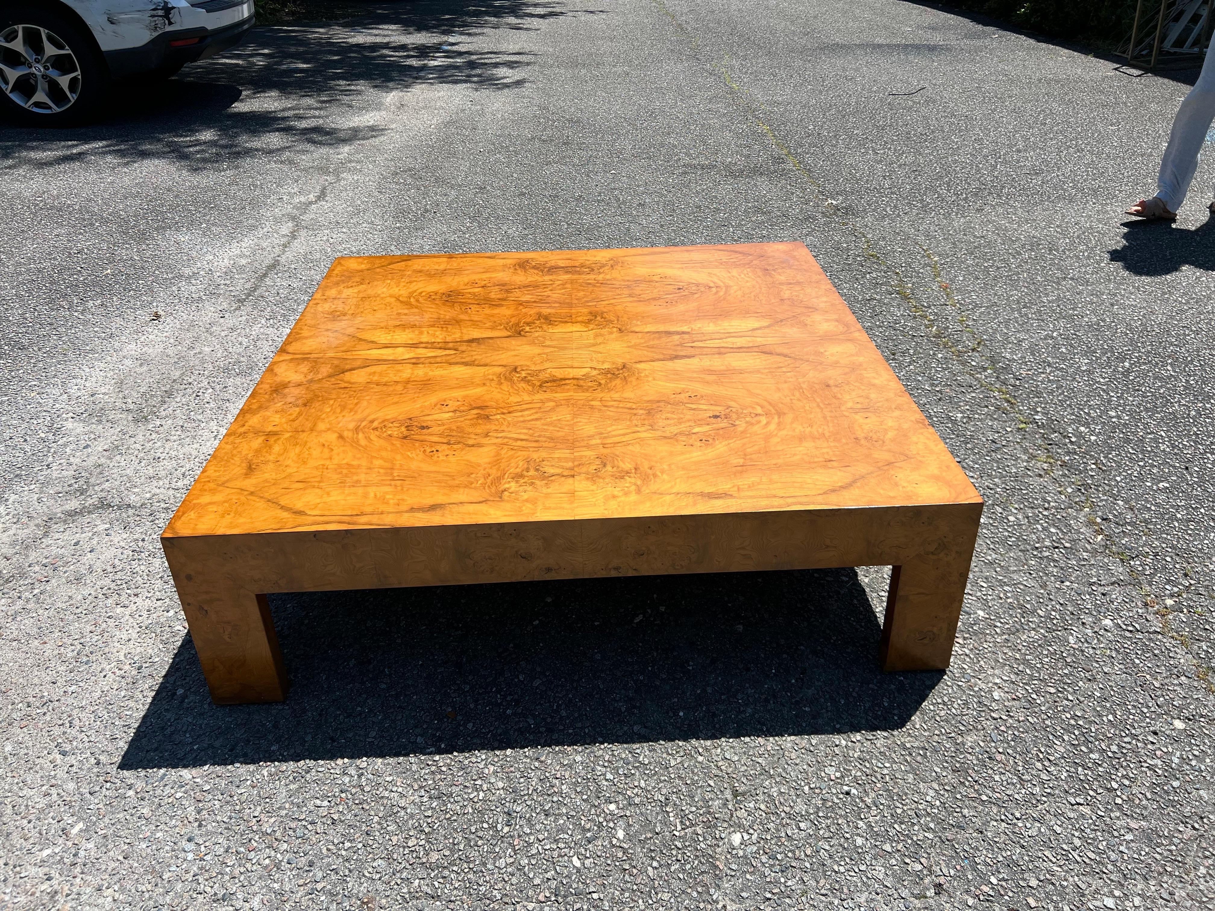 American Milo Baughman Attributed Large Scale Burlwood Coffee Table For Sale