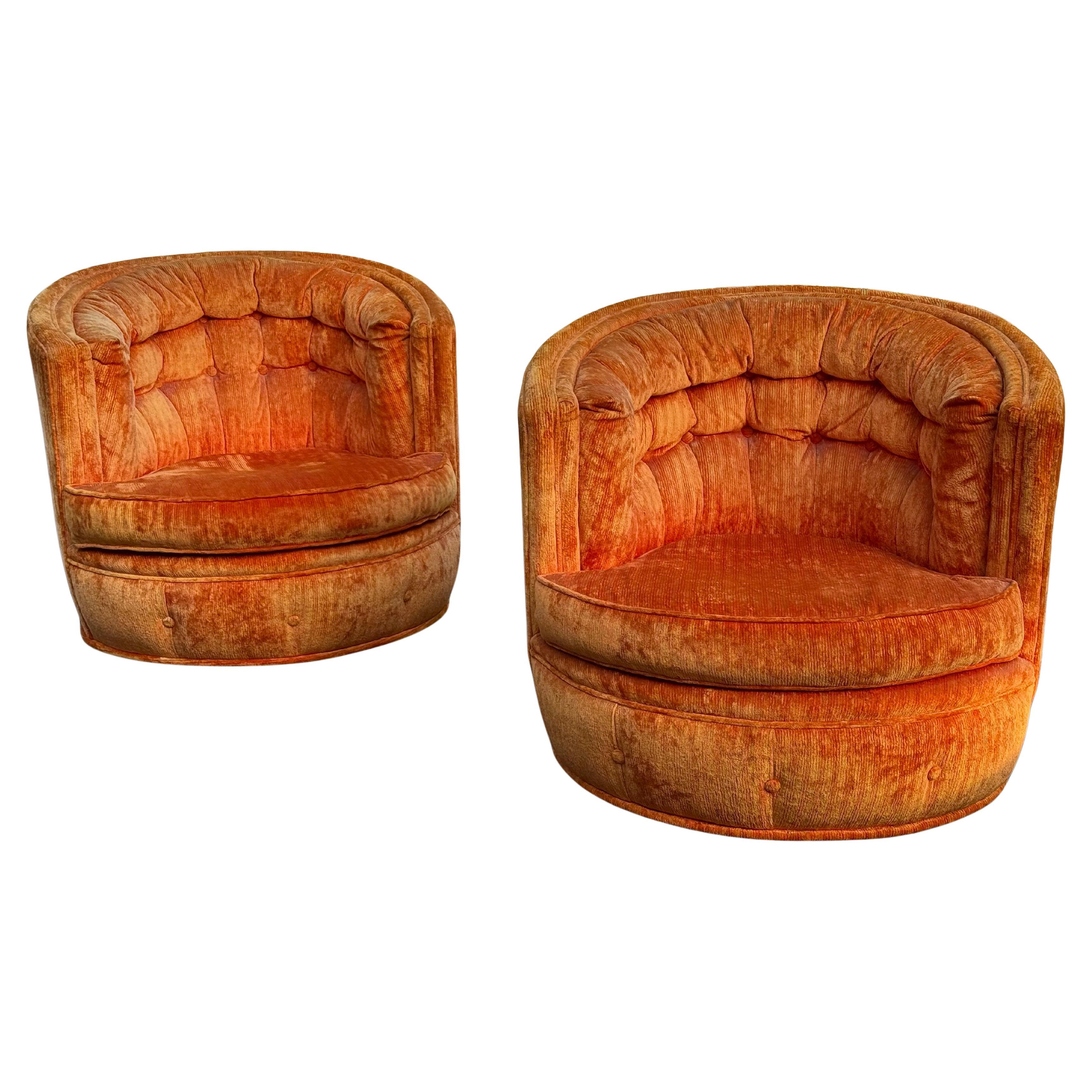 American Milo Baughman Barrel Tub Swivel Chairs in Orange, circa 1960s