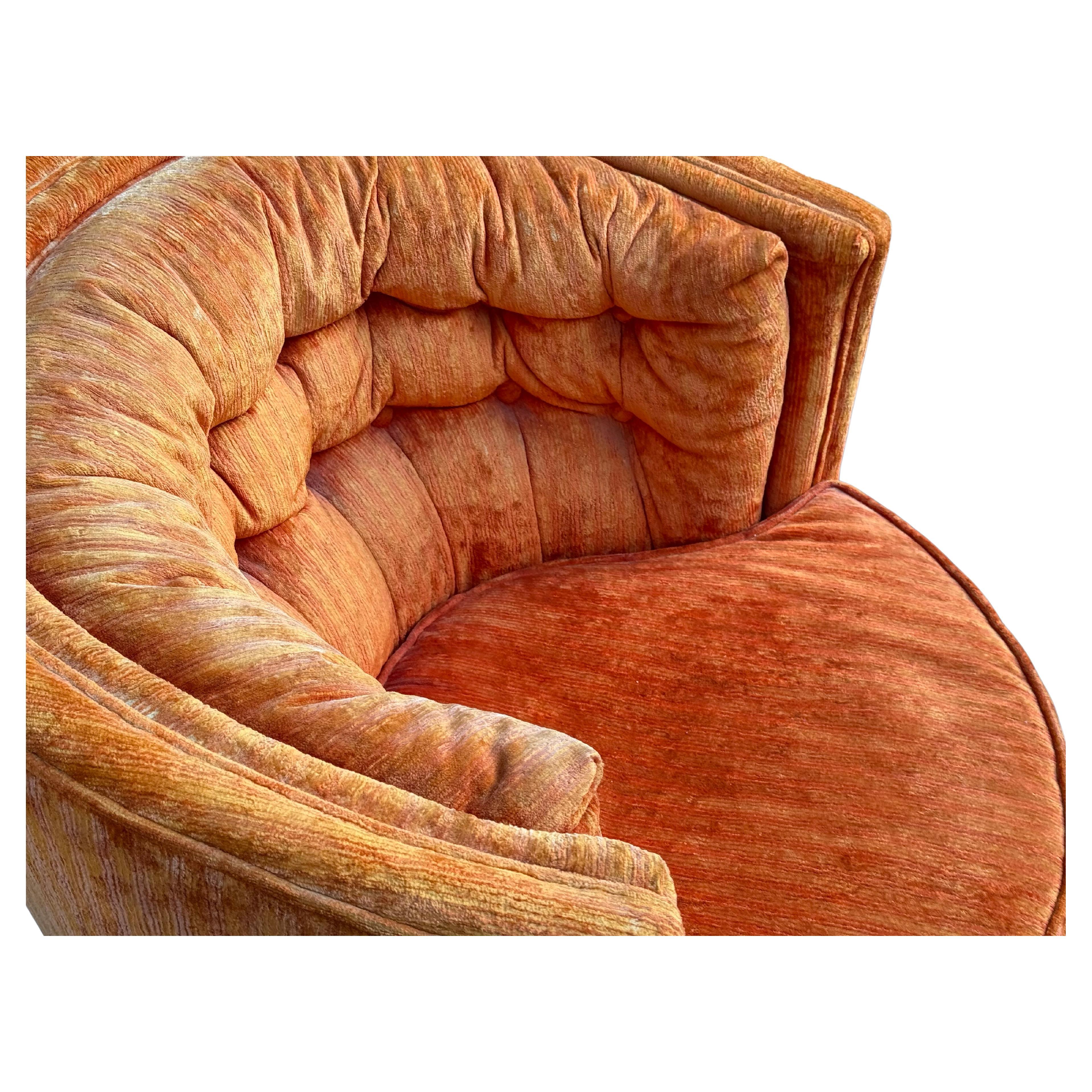 Velvet Milo Baughman Barrel Tub Swivel Chairs in Orange, circa 1960s