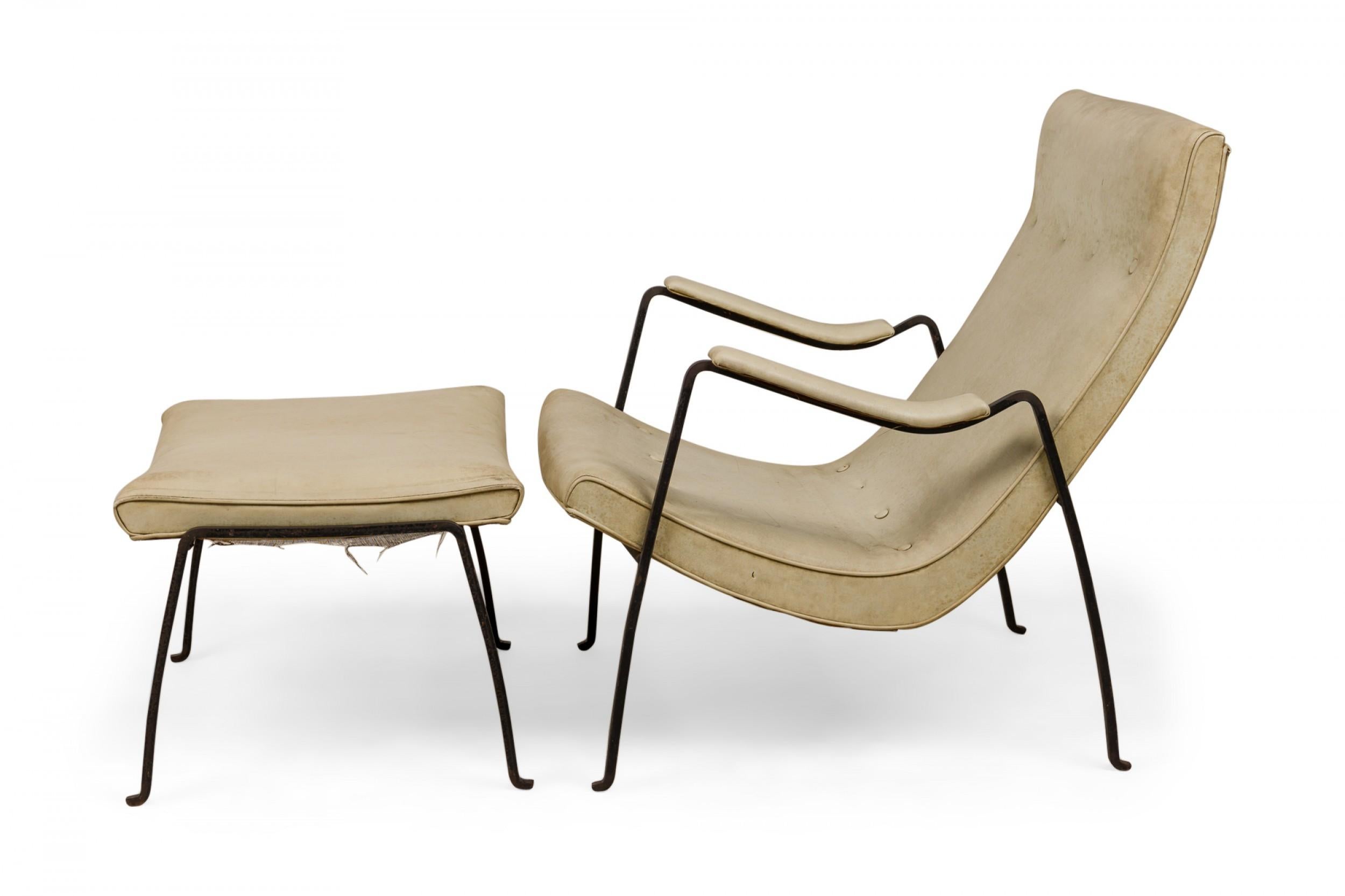 Mid-Century Modern Milo Baughman Beige Leather and Iron Armchair and Ottoman Set For Sale