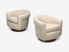 Milo Baughman, Beige Upholstery, Walnut, Tilt & Swivel Chairs, USA, 1970s