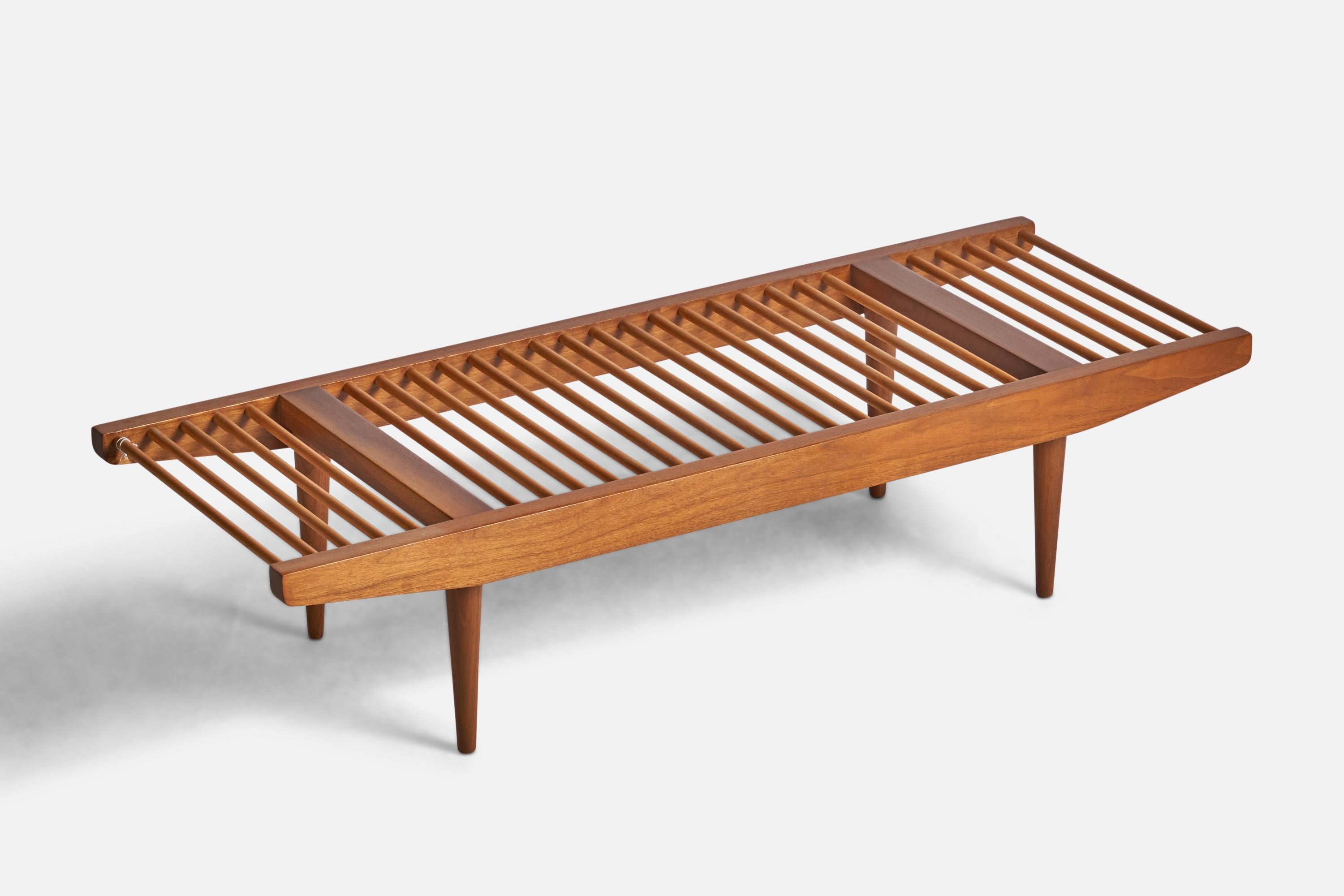 A walnut bench designed by Milo Baughman and produced by Glenn of California, USA, 1950s.