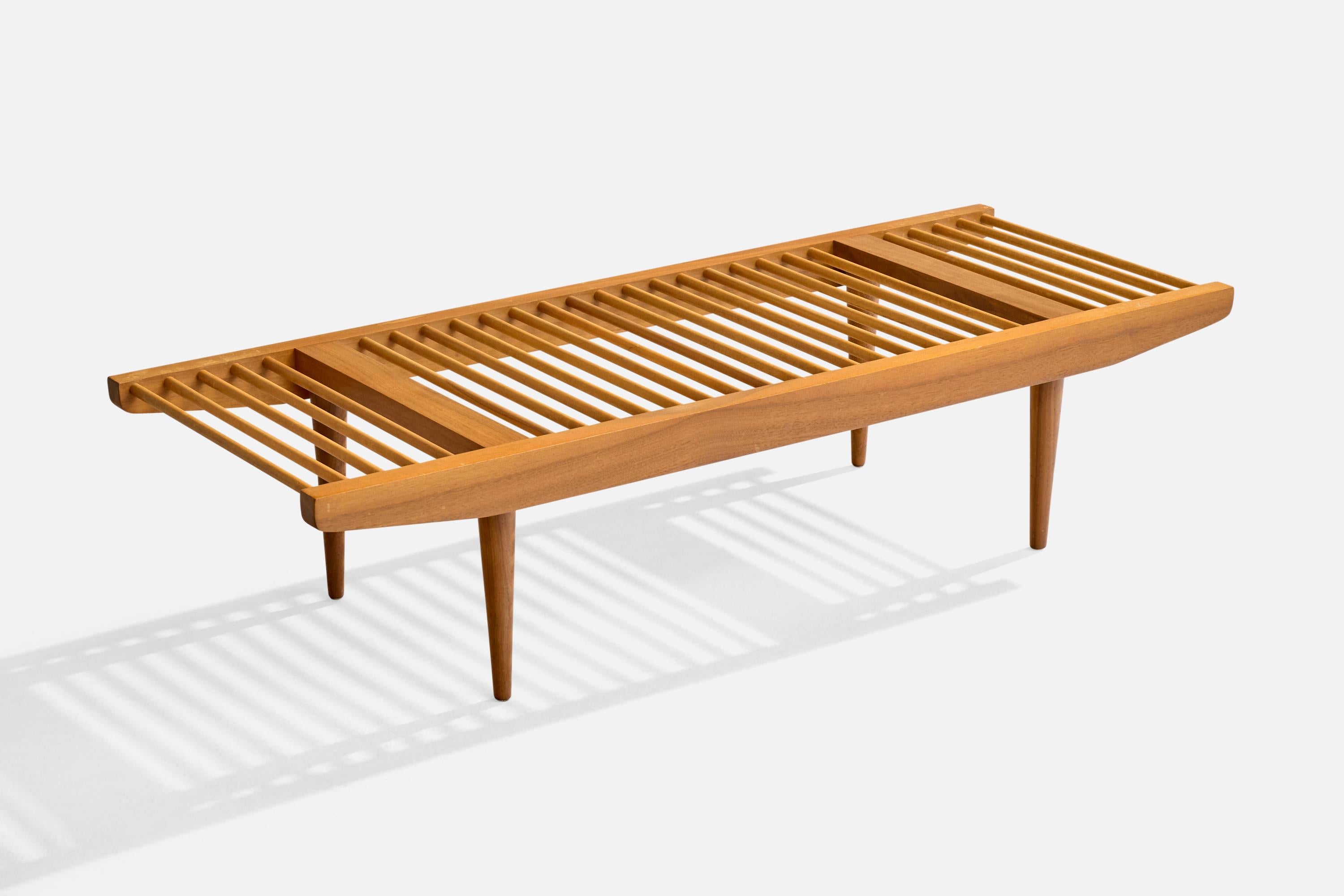 A walnut bench designed by Milo Baughman and produced by Glenn of California, USA, c. 1950s.

Overall Dimensions (inches): 11.5