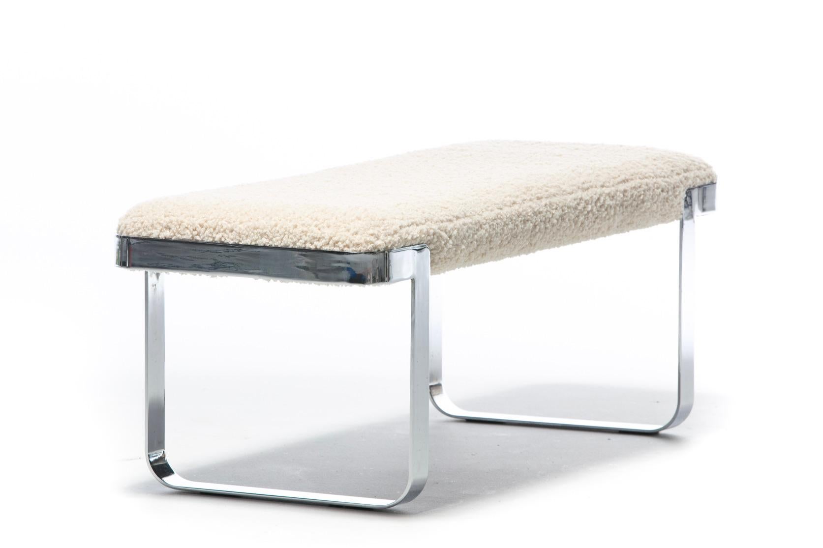 Metal Tri-Mark Designs Bench with Chrome Frame & Ivory Bouclé Upholstery c. 1970s  For Sale