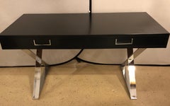 Milo Baughman Black & Chrome "X" Base Hollywood Regency Desk or Vanity Table
