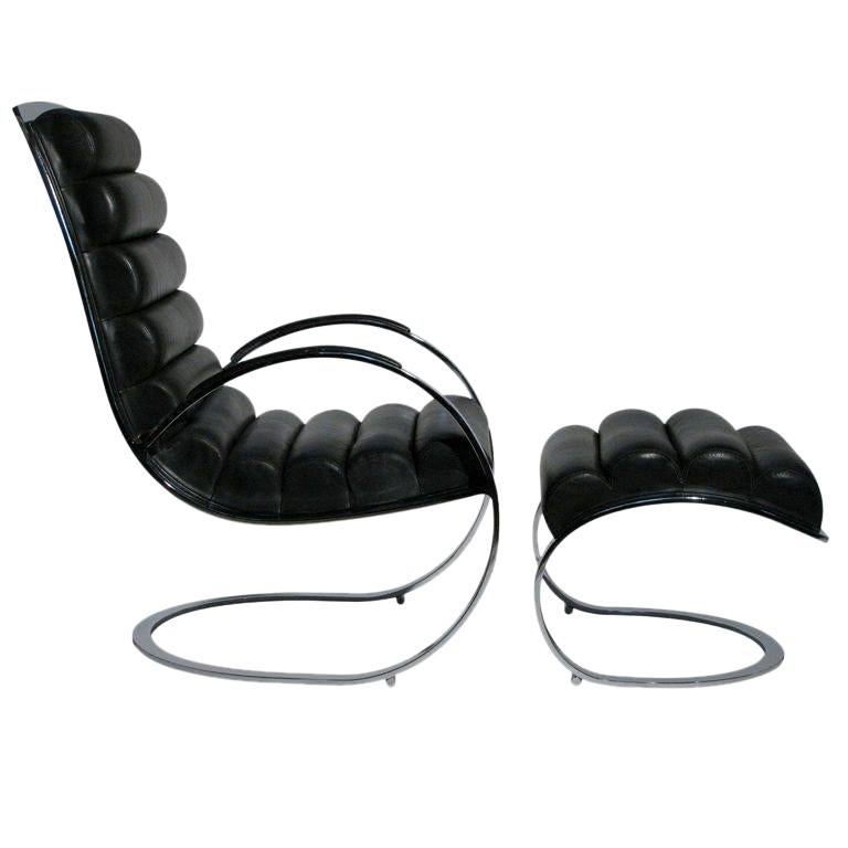 Milo Baughman Black Leather and Chrome Lounge Chair and Ottoman For