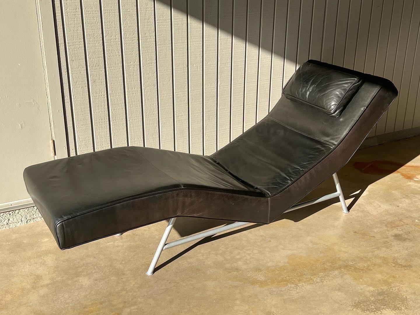 Steel Milo Baughman Black Leather Fred Chaise Lounge Chair for Thayer Coggin For Sale