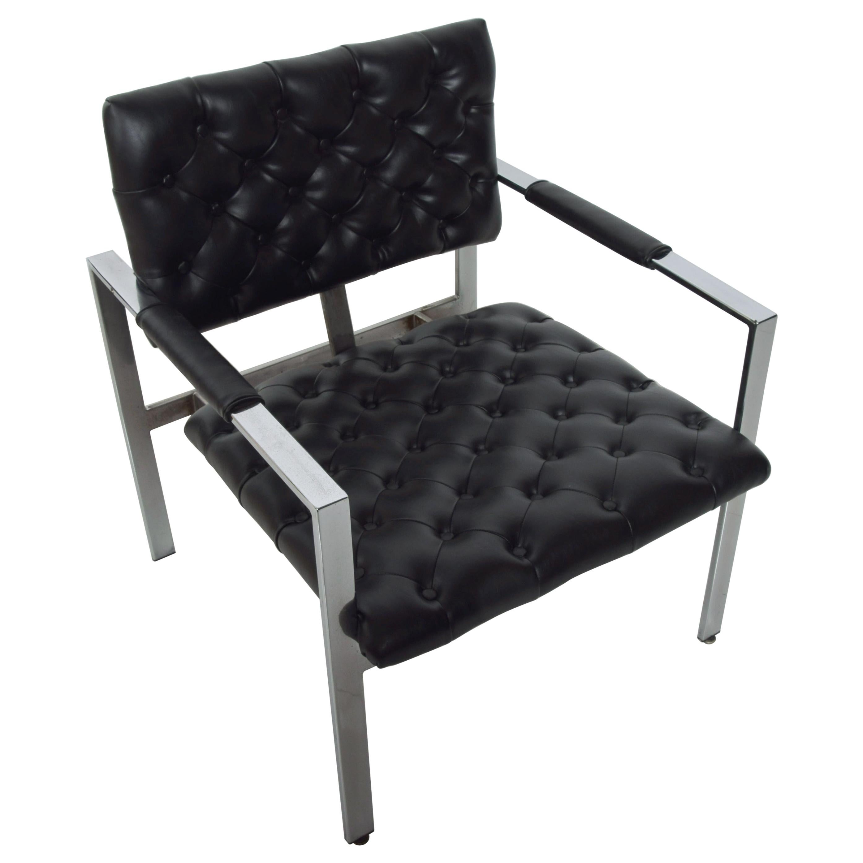 Milo Baughman Black Tufted Leather Lounge Chair Flat Chrome Thayer Coggin, 1960s