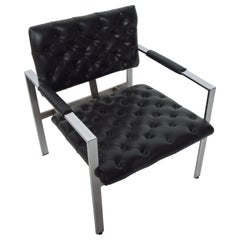 Retro Milo Baughman Black Tufted Leather Lounge Chair Flat Chrome Thayer Coggin, 1960s