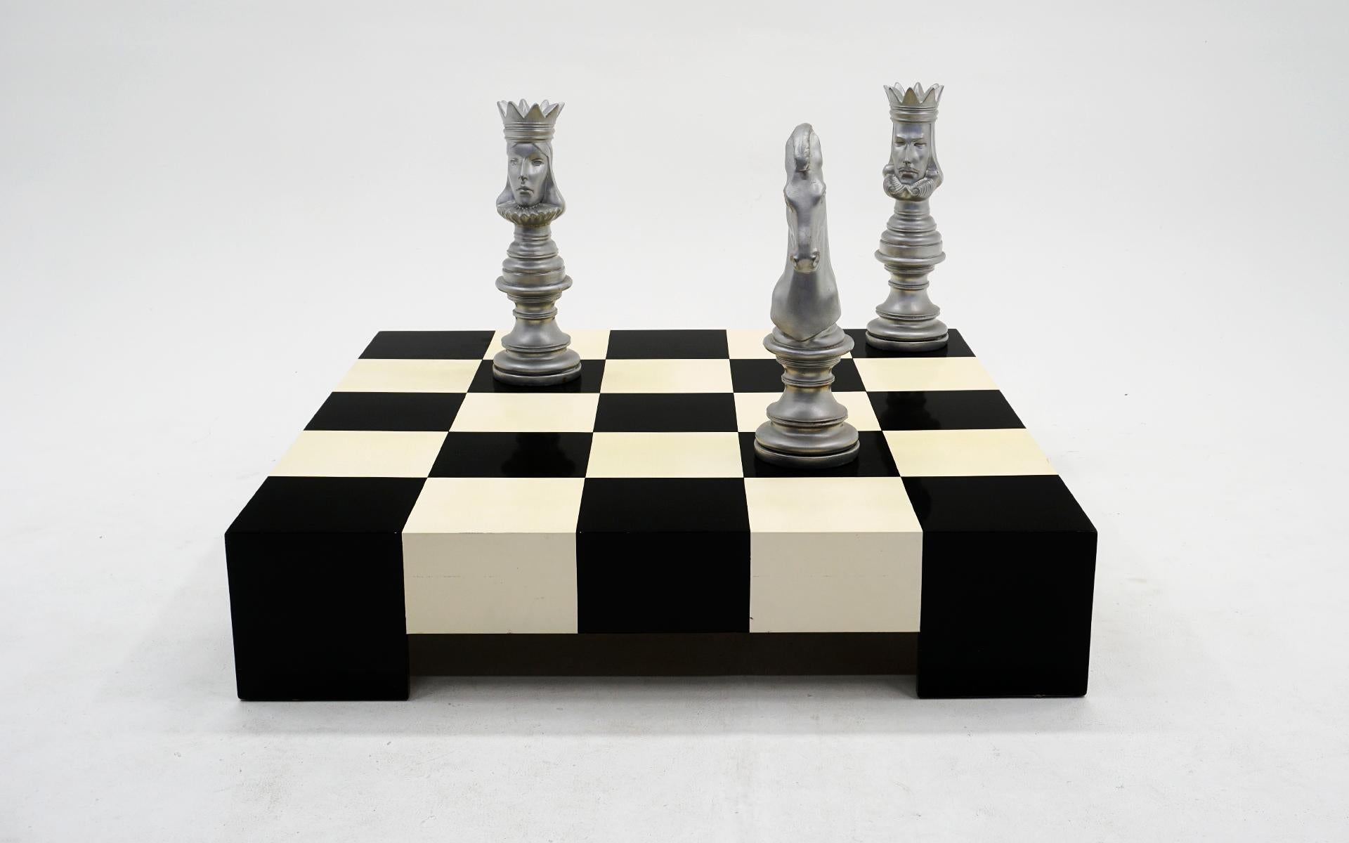 Mid-Century Modern Milo Baughman Black & White Checkerboard Coffee Table with 3 Large Chess Pieces