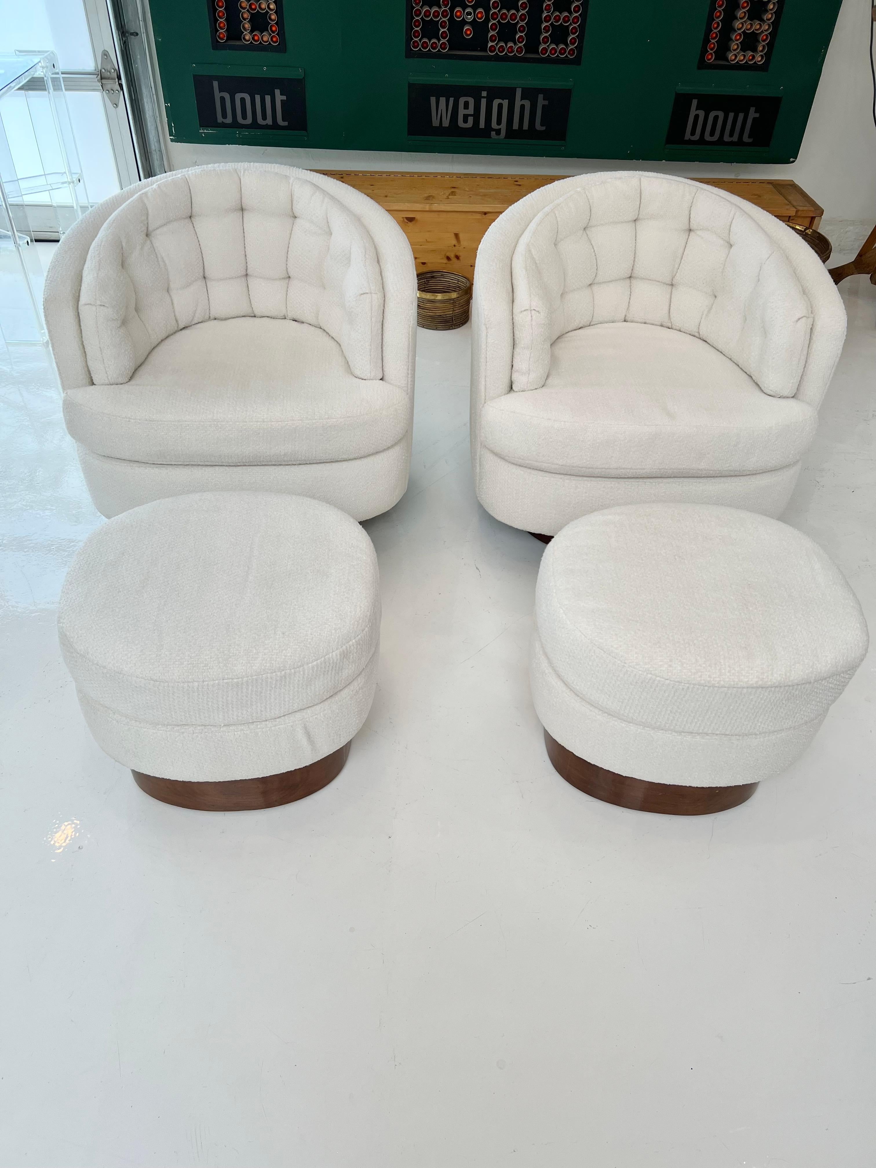 American Milo Baughman Boucle Swivel Chairs with Matching Ottomans, 1960s USA