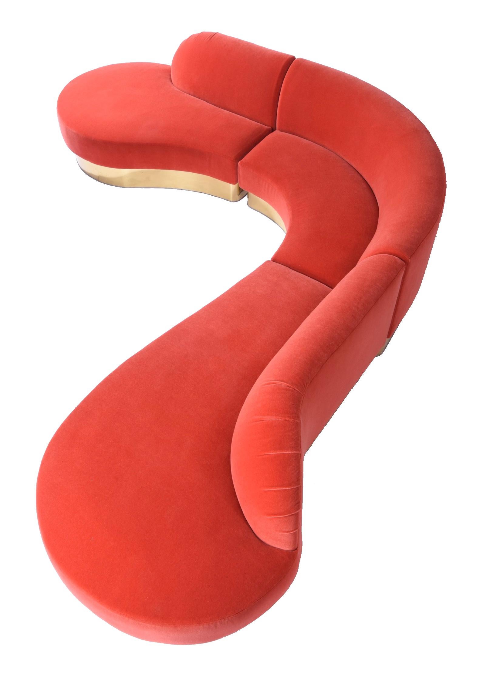 Mid-Century Modern Milo Baughman Brass Base Curved Sectional Serpentine Sofa