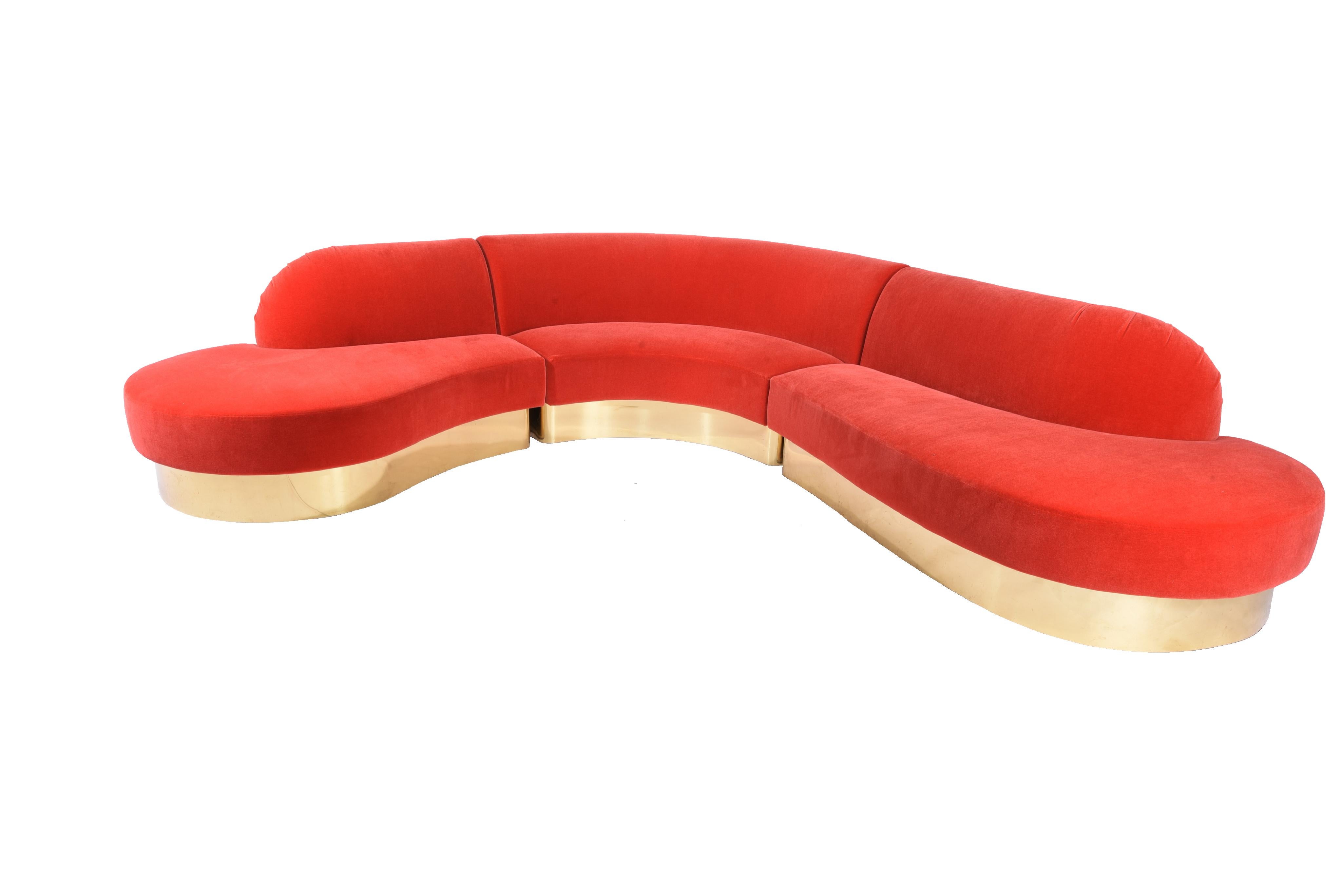 American Milo Baughman Brass Base Curved Sectional Serpentine Sofa